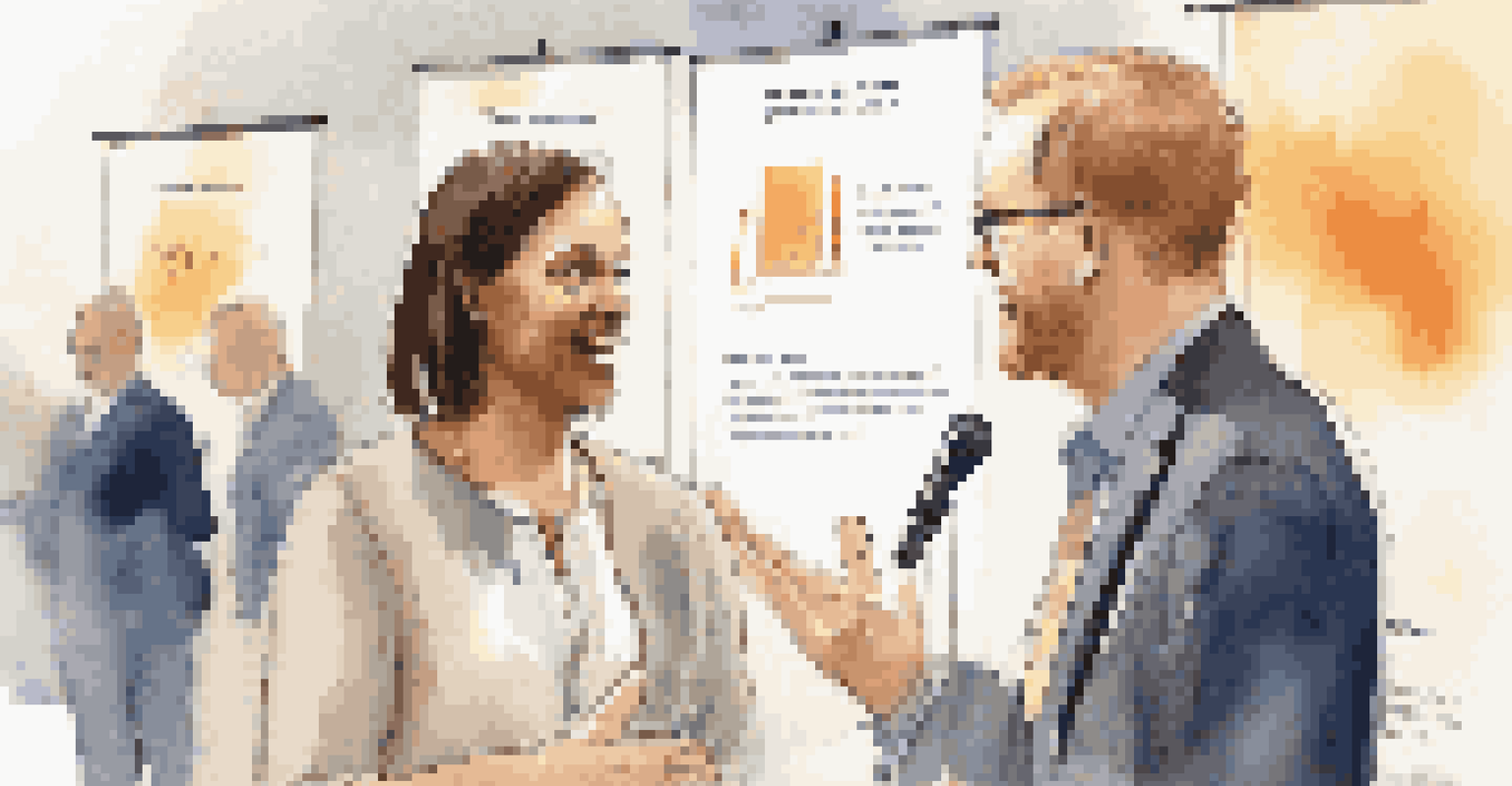 Two professionals engaged in a meaningful conversation at a conference, with a warm atmosphere.
