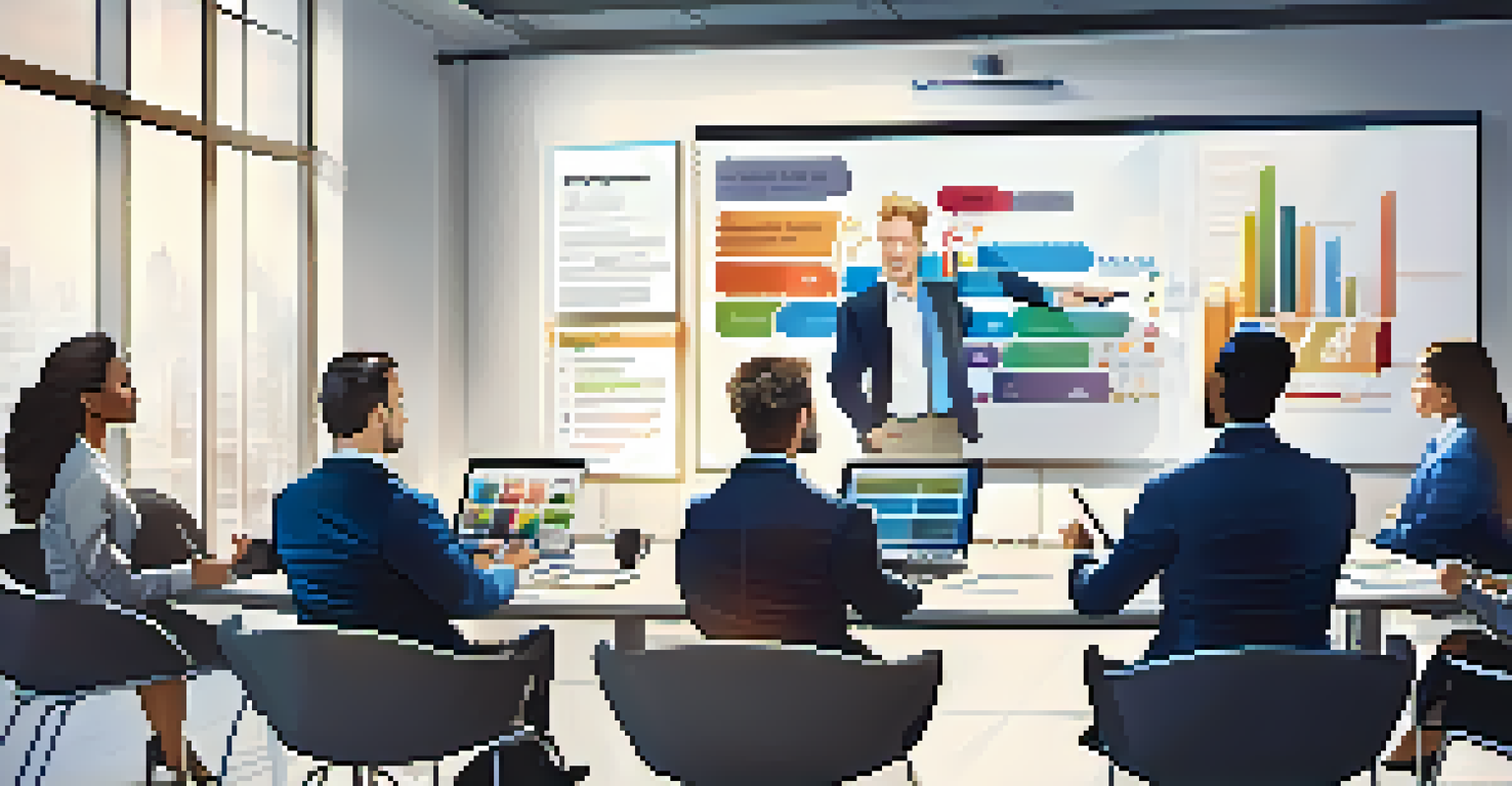 A diverse sales team in a training session with laptops and a projector screen showing sales strategies.