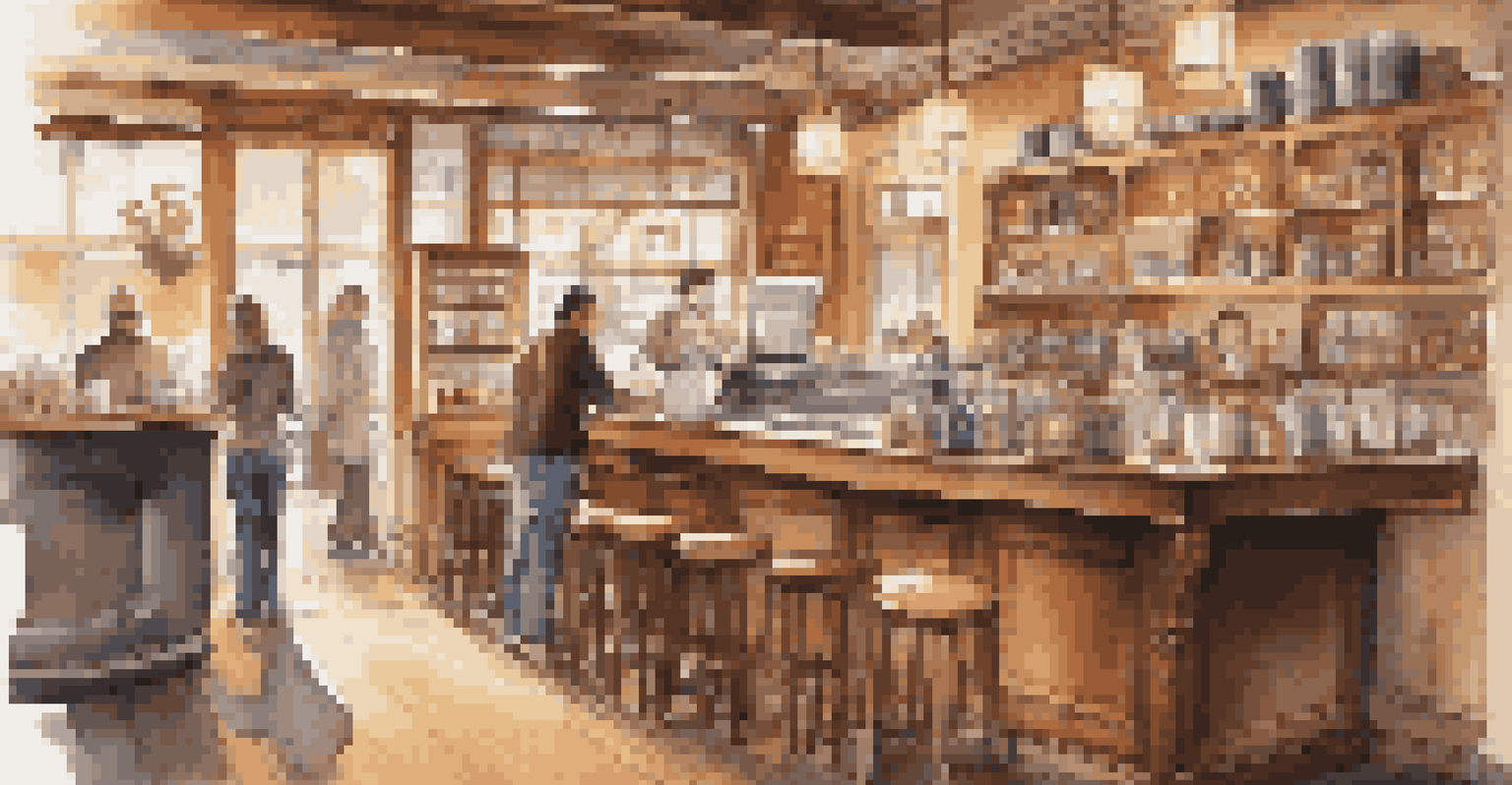 A warm and inviting café interior with wooden furniture and a barista preparing coffee.
