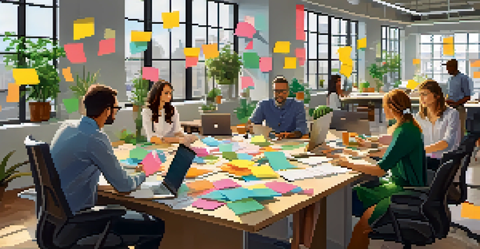 A diverse team brainstorming in a modern office with sticky notes and laptops under natural light.