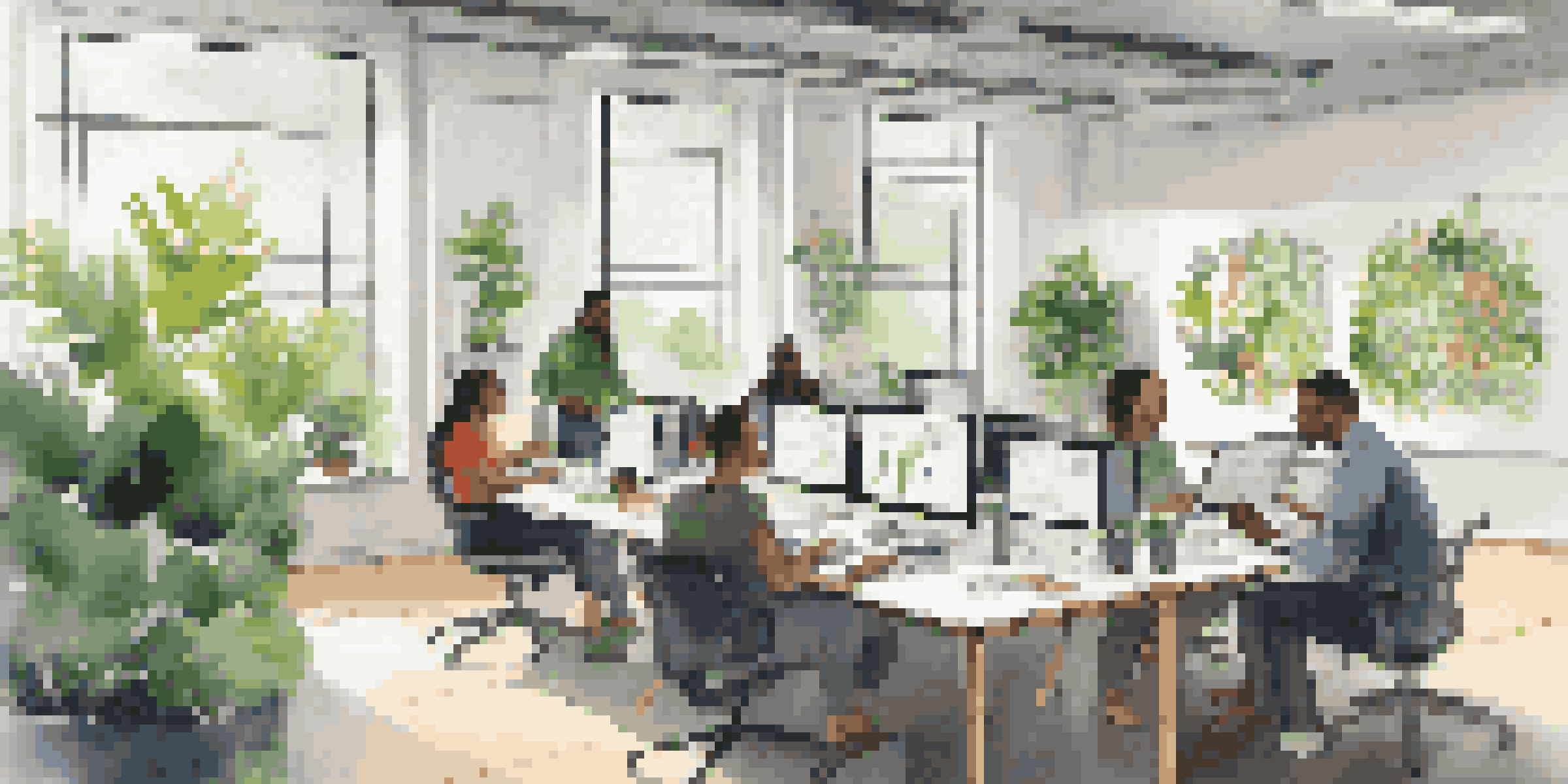 A diverse team in a modern office brainstorming together, surrounded by plants and artwork, with laptops and notepads on a large table.