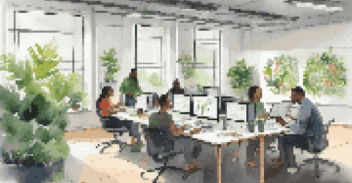 A diverse team in a modern office brainstorming together, surrounded by plants and artwork, with laptops and notepads on a large table.