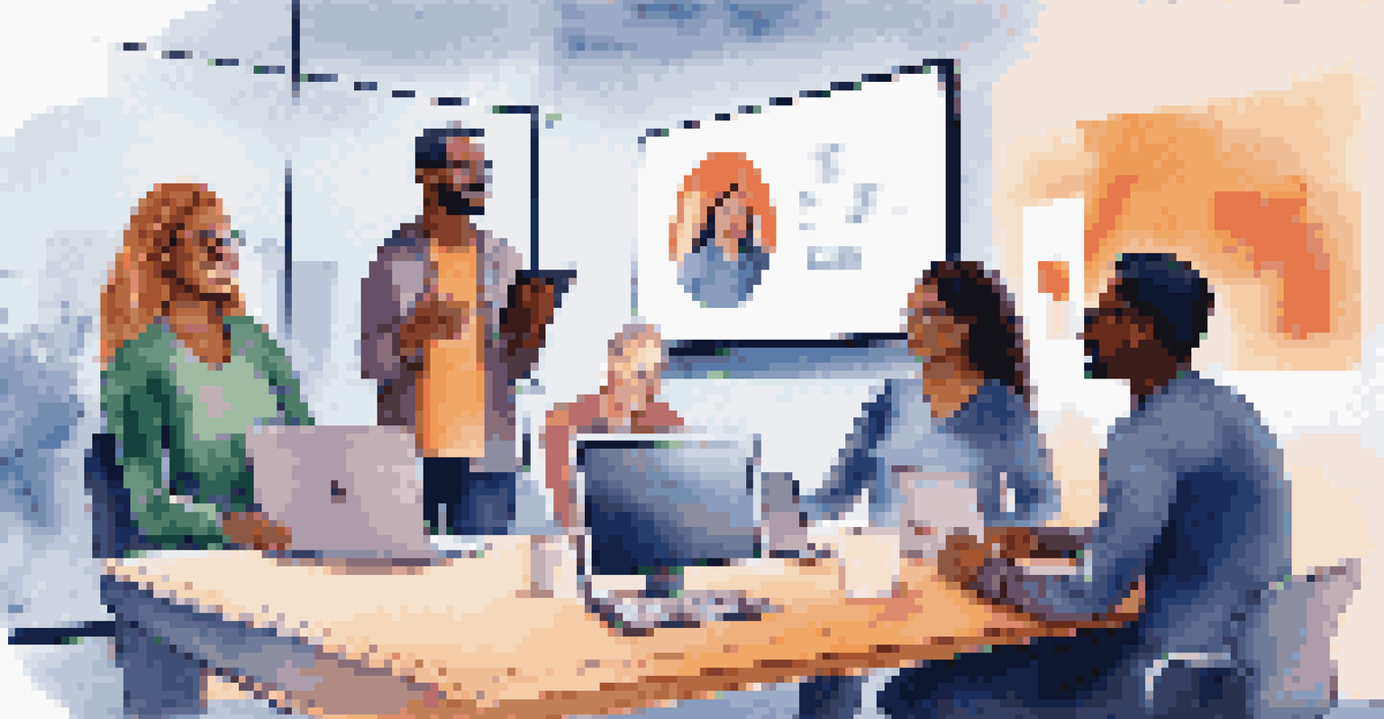 A group of diverse professionals participating in a virtual meeting displayed on a large screen.