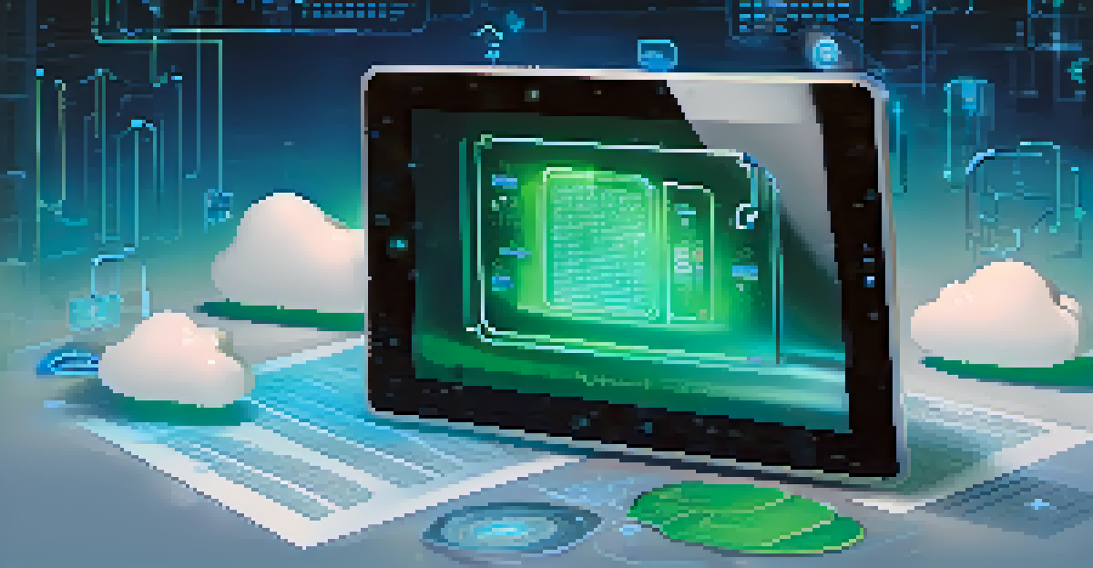 An abstract image of a glowing tablet showing a digital contract, surrounded by icons of electronic signatures and cloud storage, against a futuristic background.