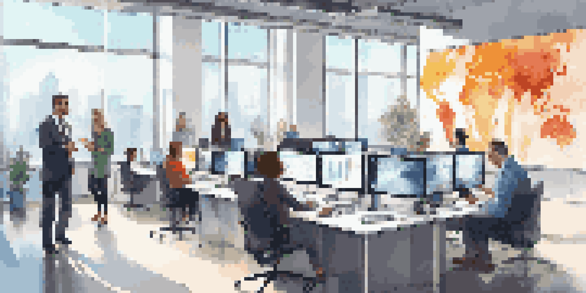 A modern office with diverse professionals discussing financial data on digital screens, filled with natural light.