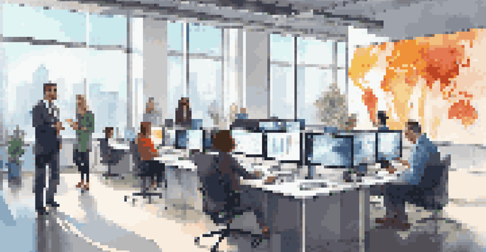 A modern office with diverse professionals discussing financial data on digital screens, filled with natural light.