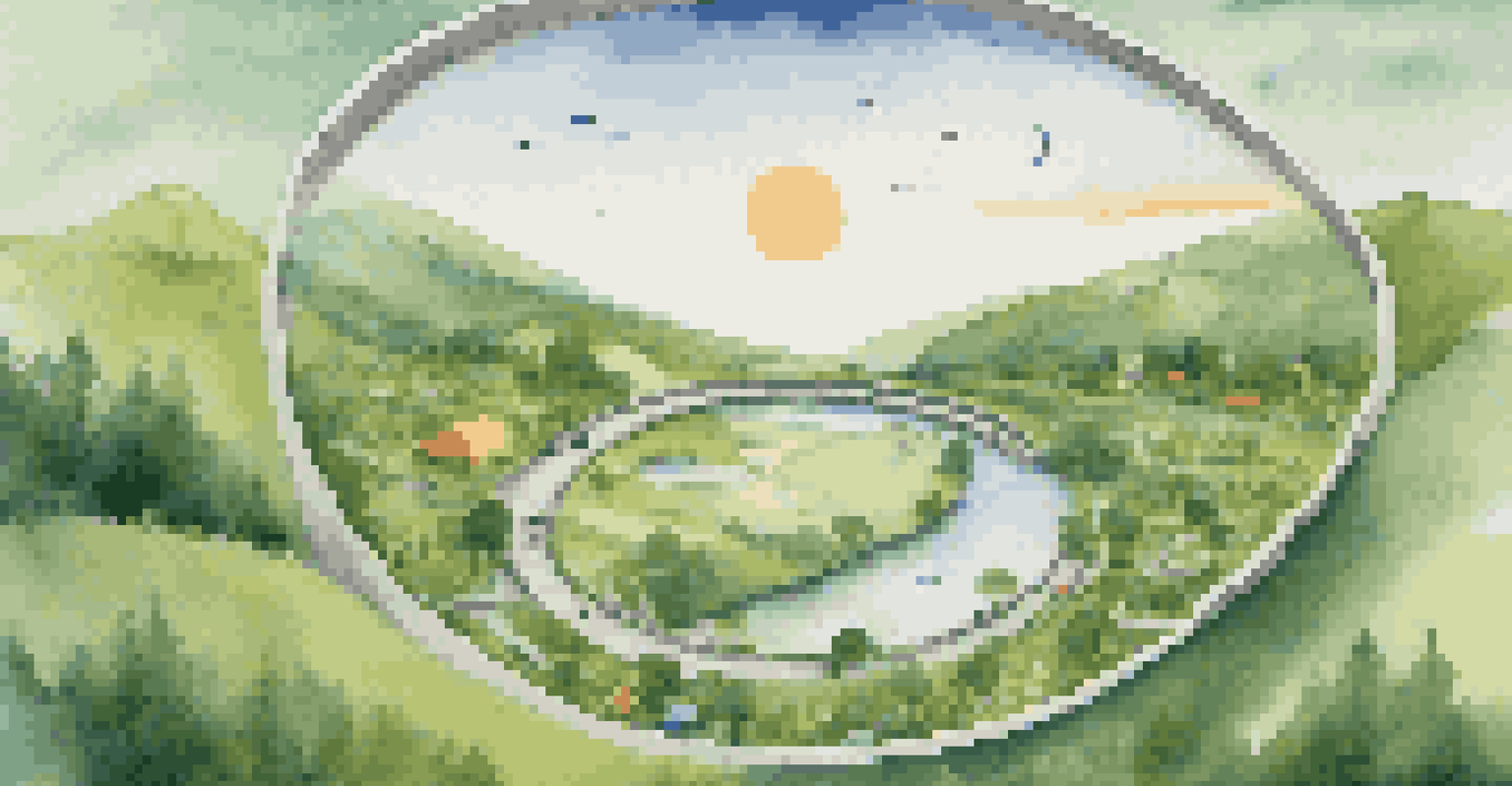 An illustration of the circular economy concept with arrows encircling sustainable products in a natural landscape.