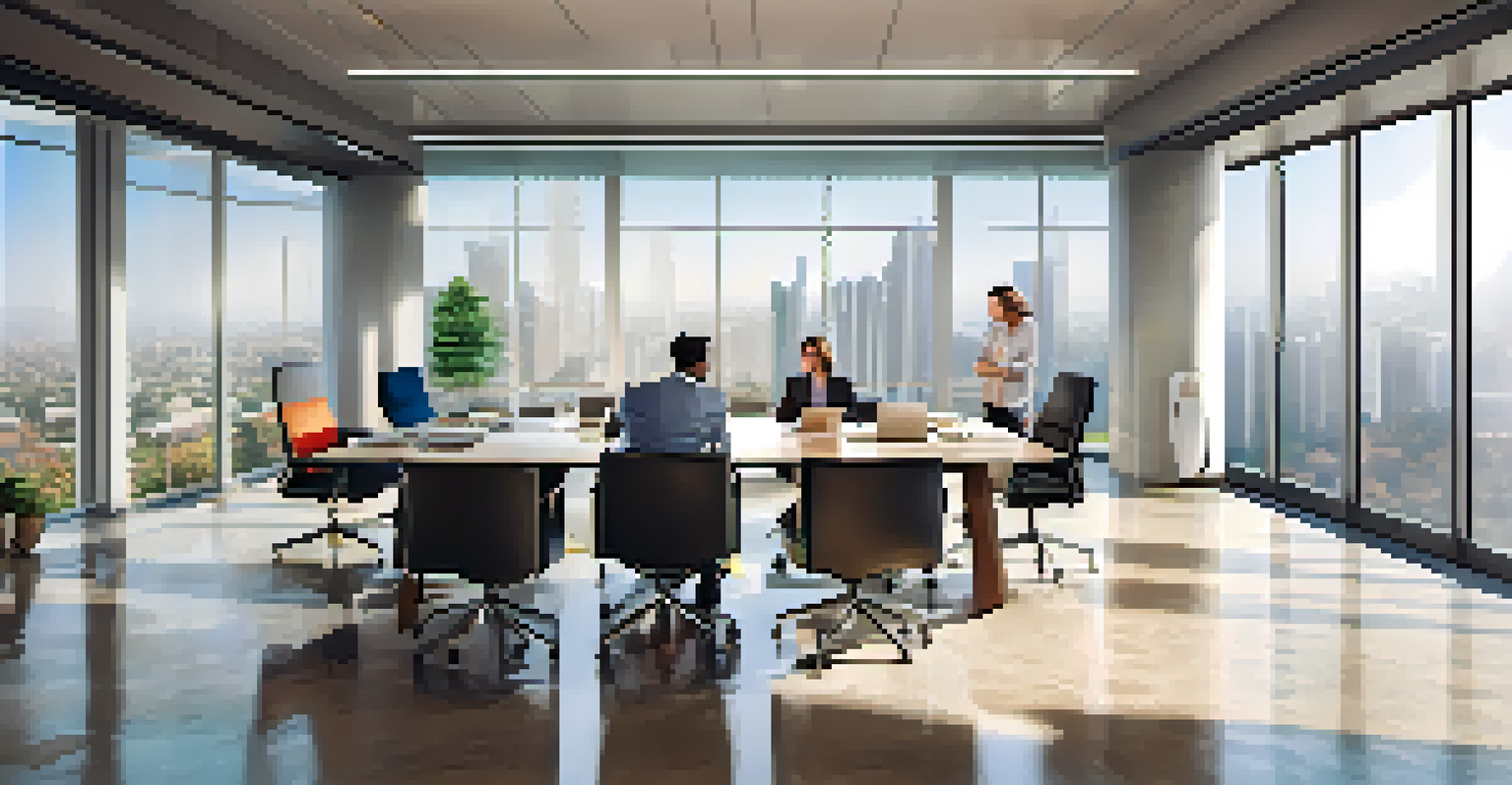 A modern office environment in India with professionals working together at a conference table, with a city view.