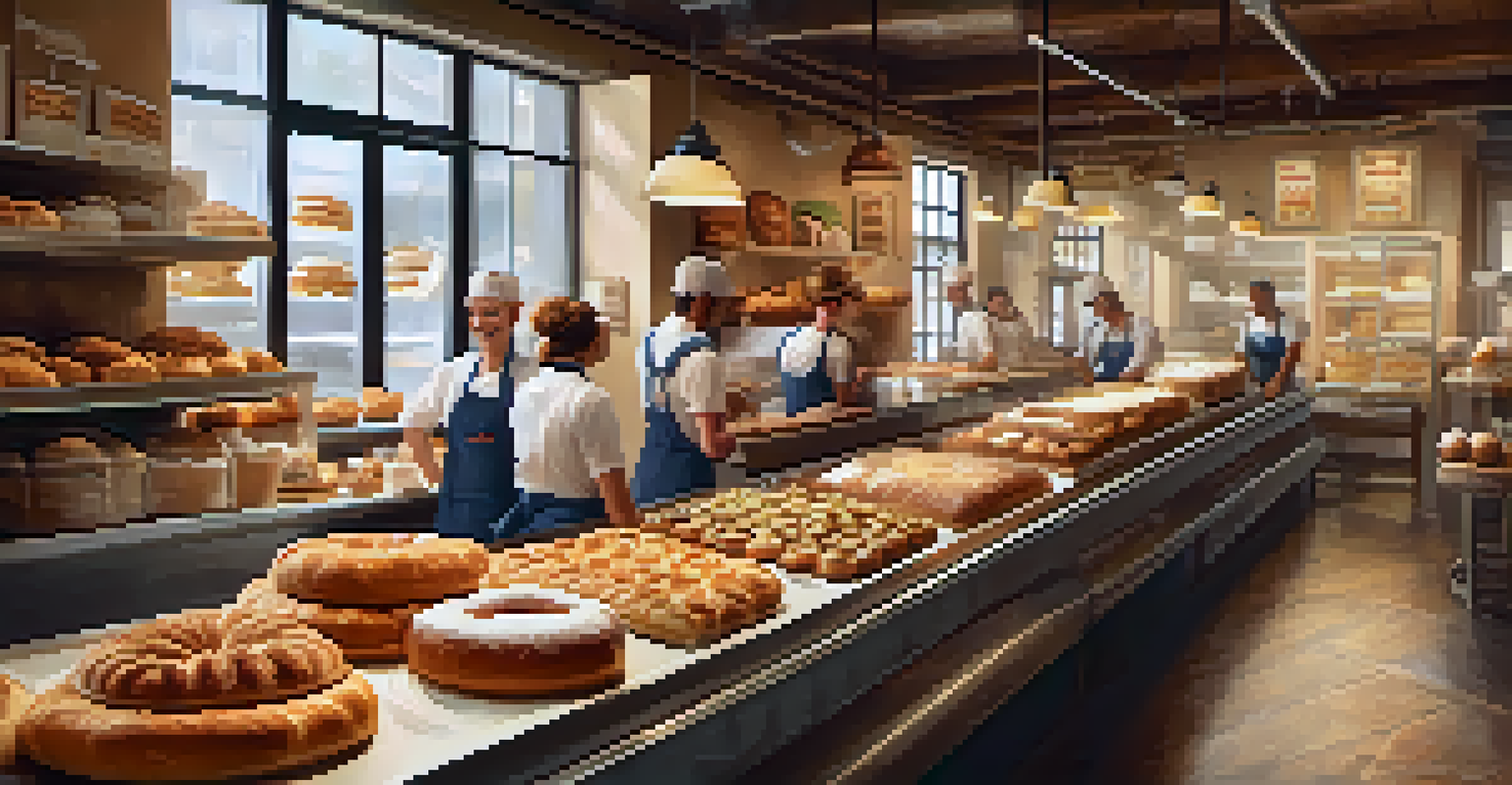 Bakery scene showing bakers at work with pastries, flour dust in the air, and warm lighting for a cozy feel.