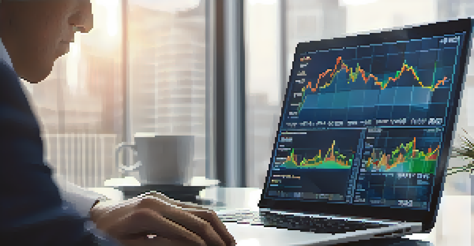 A business professional focused on a laptop screen showing economic indicators in a modern office.