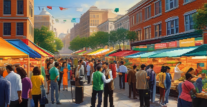 A lively marketplace scene illustrating a business ecosystem with people from different industries collaborating and exchanging ideas.