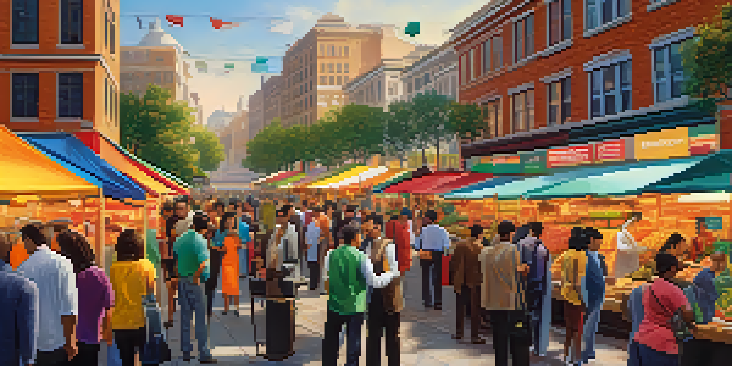 A lively marketplace scene illustrating a business ecosystem with people from different industries collaborating and exchanging ideas.