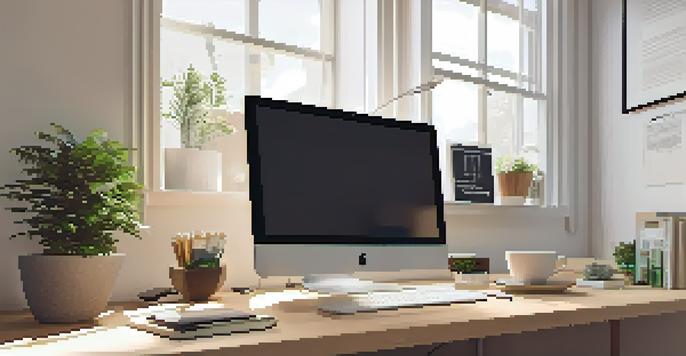 A bright and organized modern office workspace featuring a desk with a laptop, notepad, coffee mug, and a potted plant, illuminated by natural light.