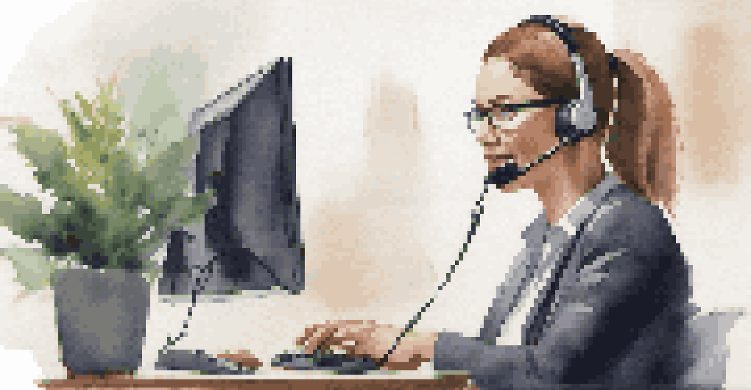 A customer service representative on a call, focused on a computer screen with customer feedback, surrounded by a plant and a coffee mug.