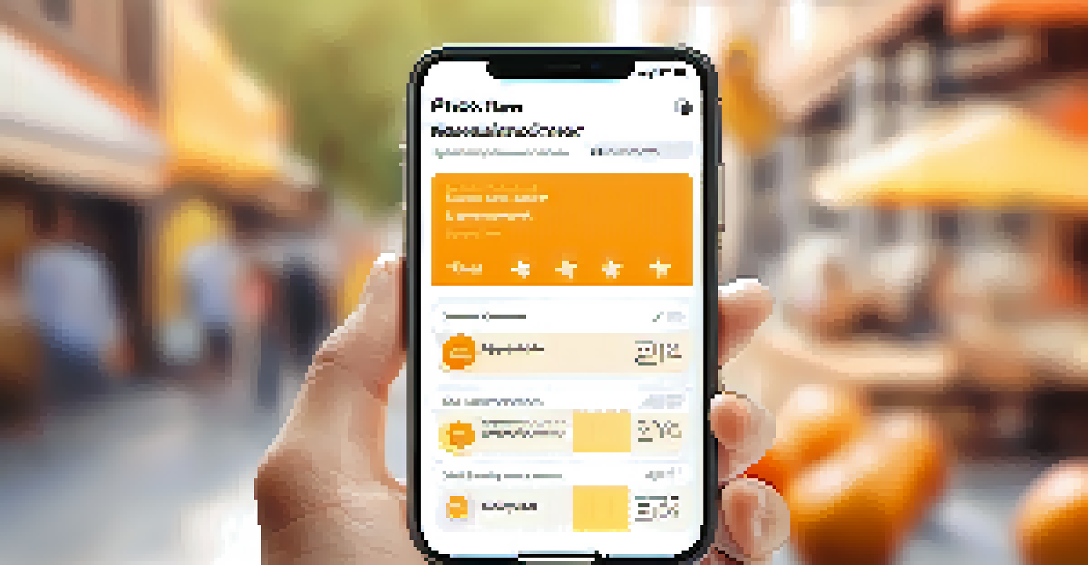 A close-up of a hand holding a smartphone with a product review app showing positive ratings and testimonials.
