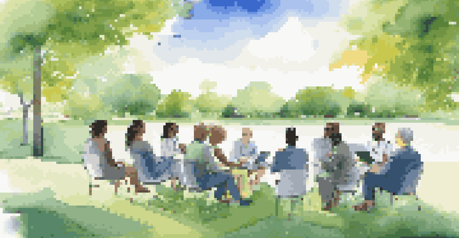 A diverse group of professionals collaborating outdoors around a large tablet in a lush green park with blue skies.