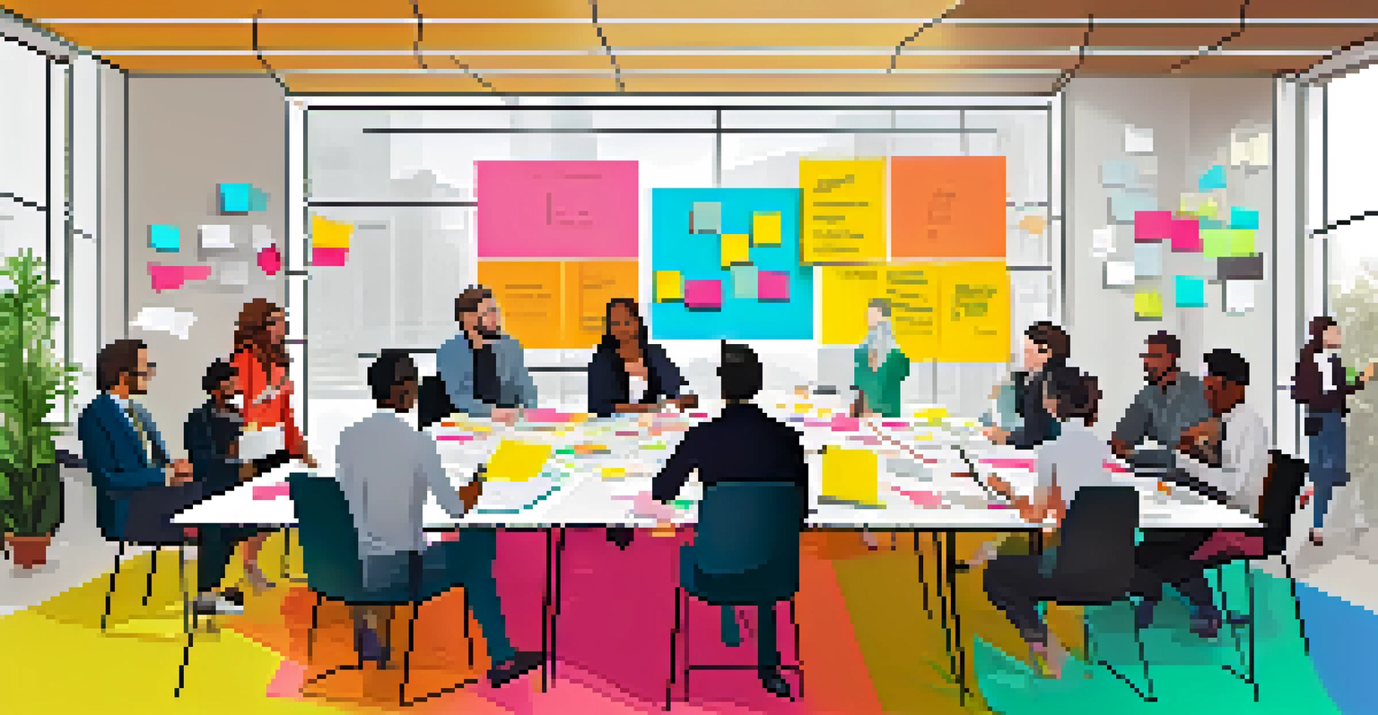 Team members collaborating in a problem-solving session with sticky notes and diagrams on a table.