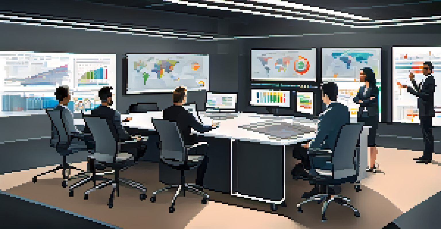 A collaborative team meeting in a futuristic office with technology and data analytics displays.