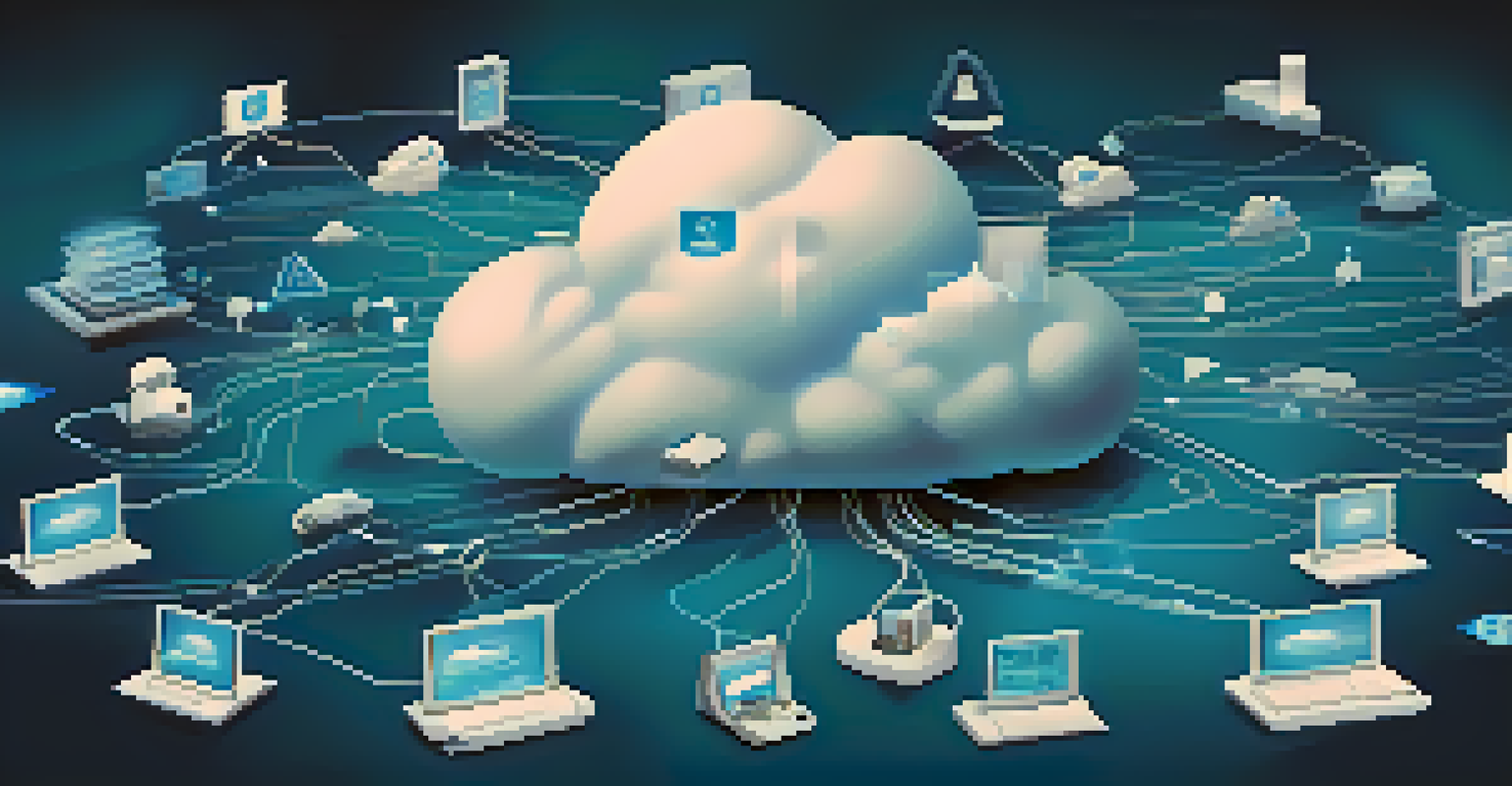 An abstract image illustrating cloud computing and automation with digital icons.