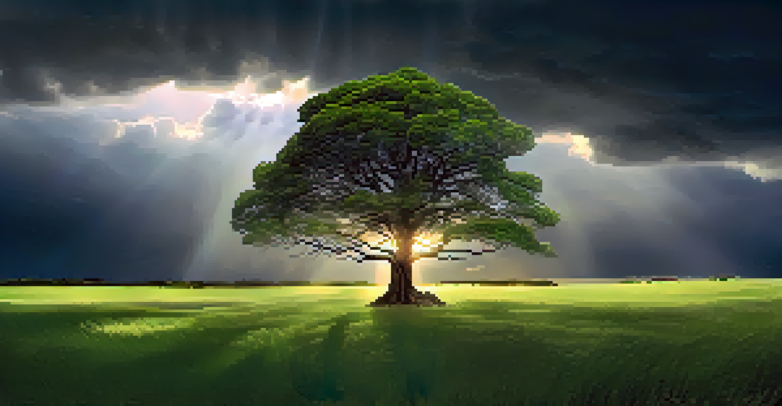 A strong tree illuminated by sunlight against dark stormy clouds, symbolizing resilience.