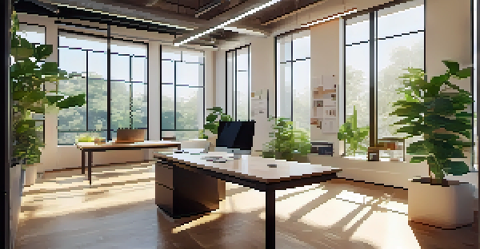 A modern office with a laptop displaying a marketing dashboard, surrounded by greenery and natural light.