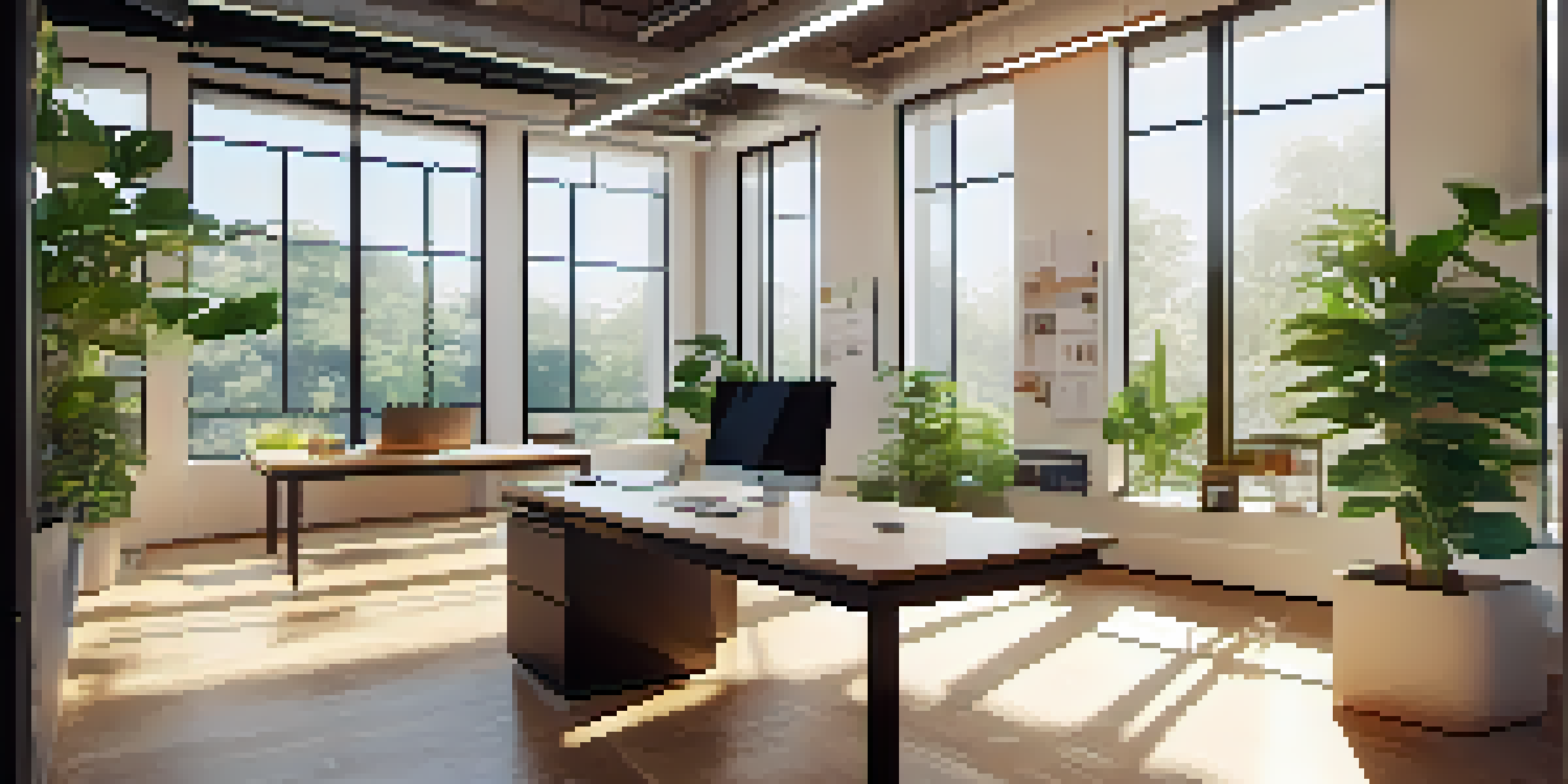 A modern office with a laptop displaying a marketing dashboard, surrounded by greenery and natural light.