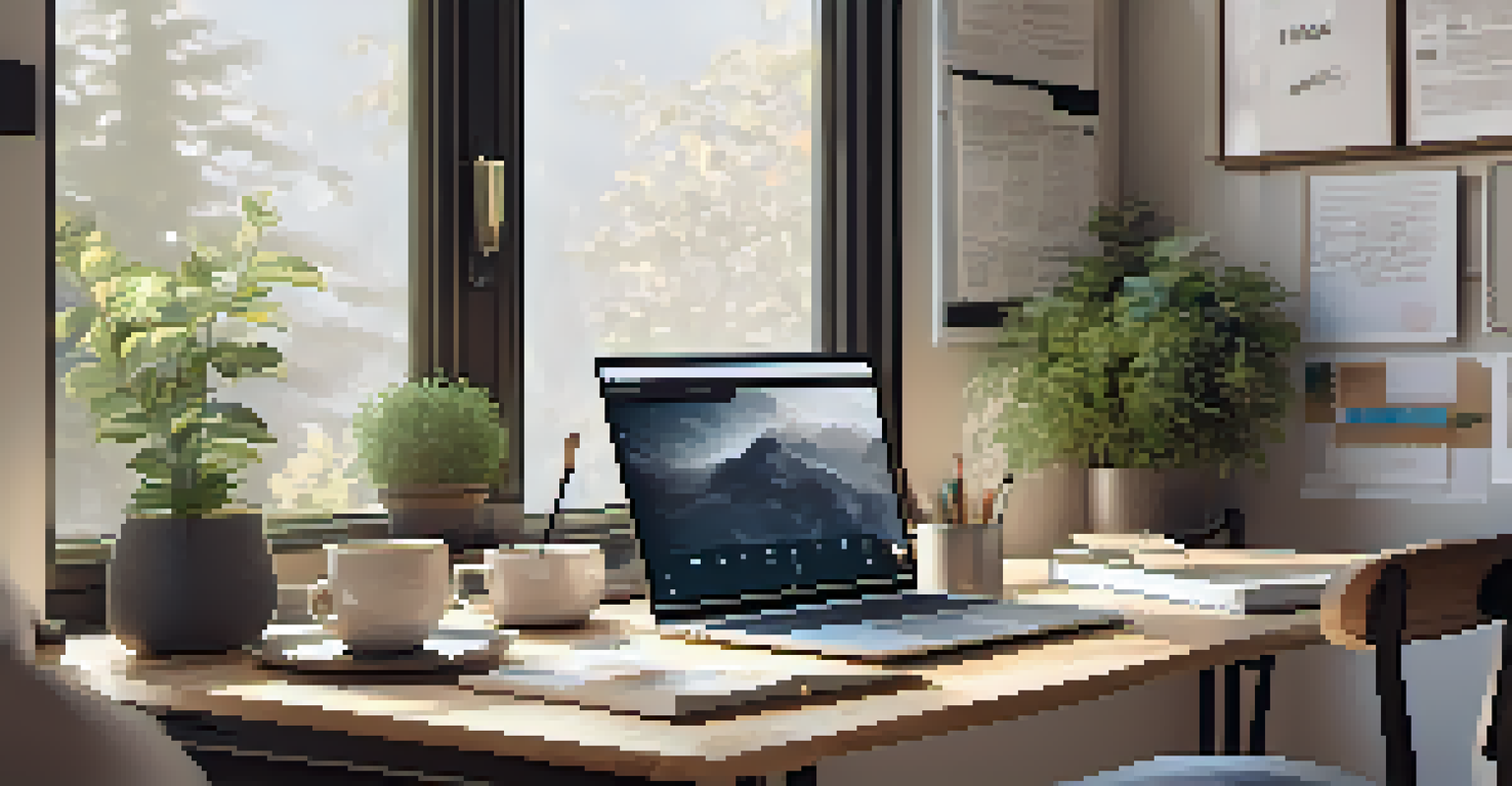 A tidy workspace with a laptop, notebooks, and coffee, featuring motivational quotes on the wall and natural light streaming in.