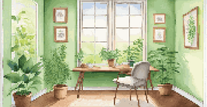 A peaceful office with sunlight, a comfortable chair, tea, and green plants, promoting mental wellness.