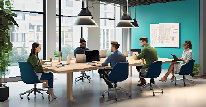 A diverse team in a bright, modern office collaborating on a project with laptops and digital devices.