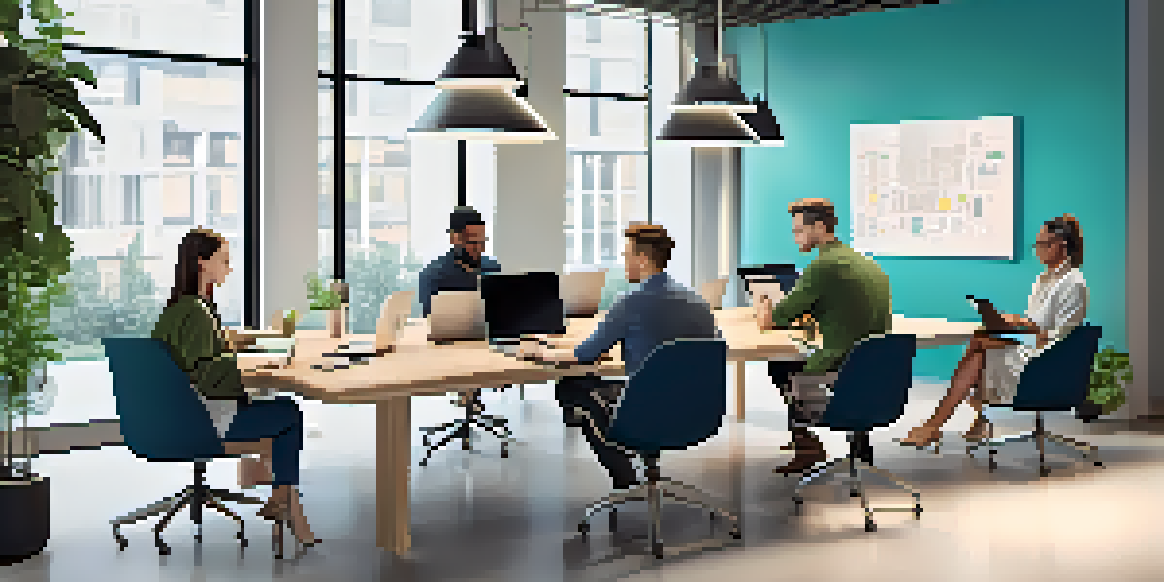 A diverse team in a bright, modern office collaborating on a project with laptops and digital devices.