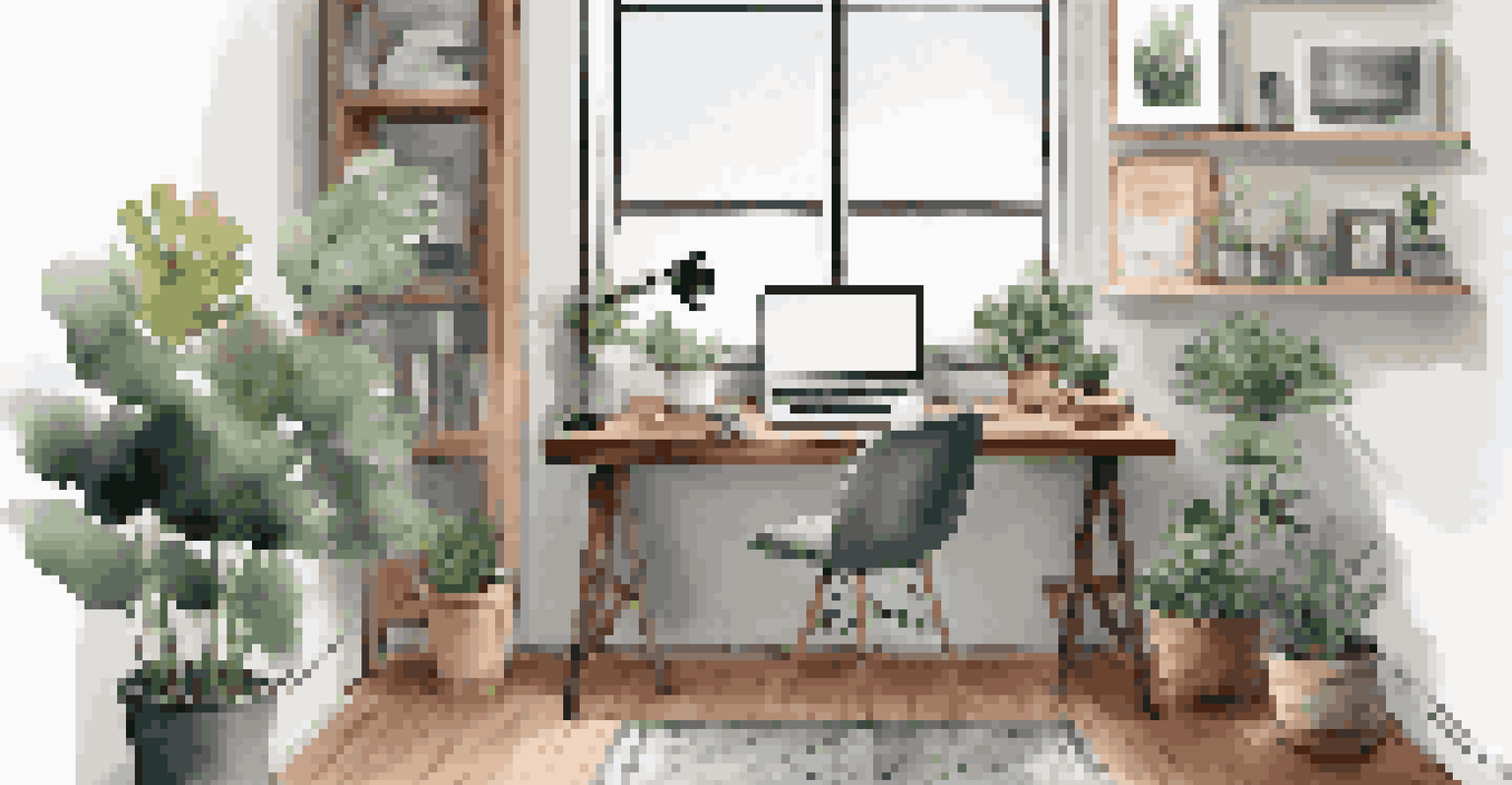 A cozy home workspace with a laptop and houseplants, creating a warm ambiance for remote work.