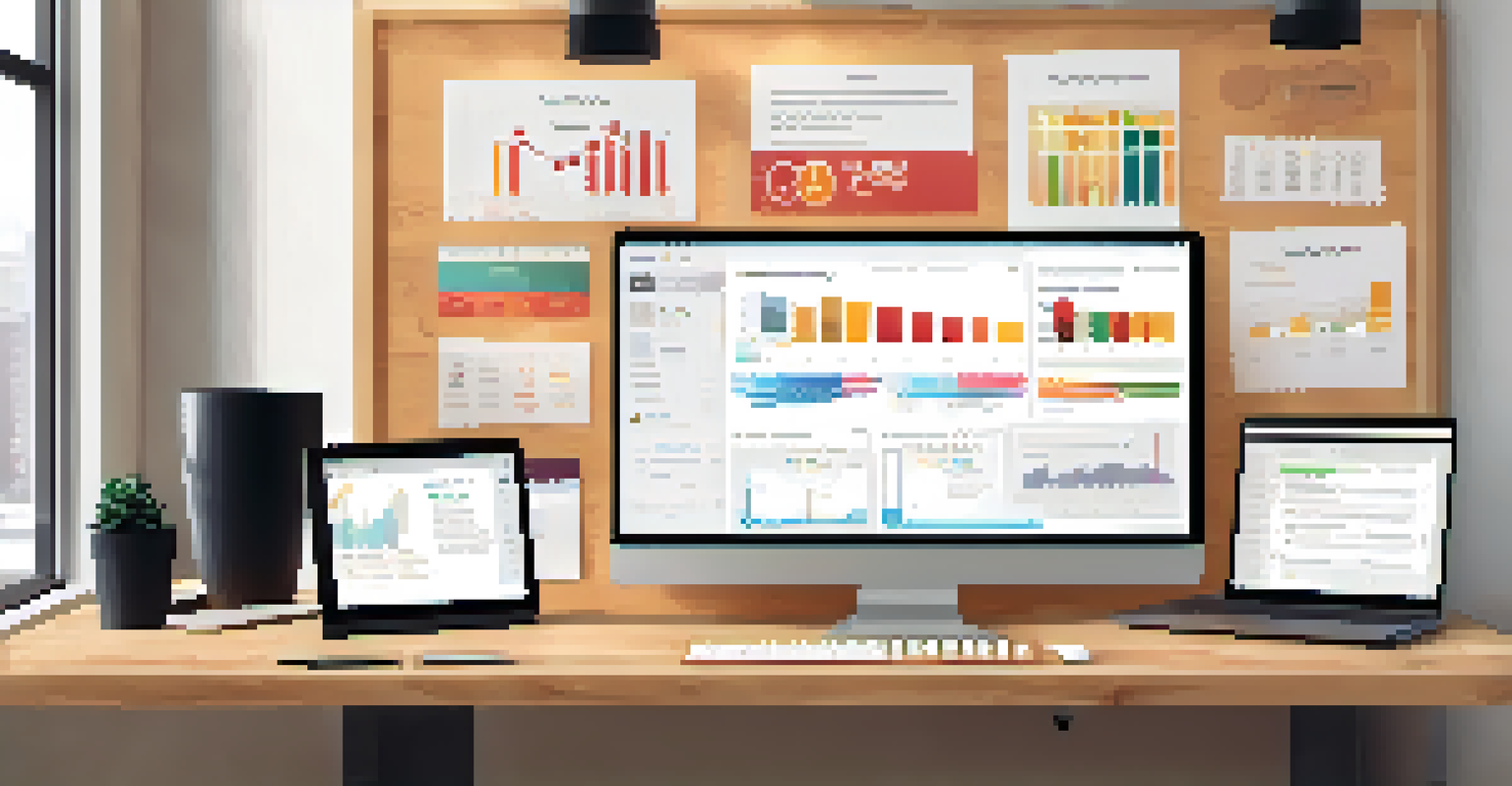 A computer screen displaying a digital marketing dashboard with graphs and analytics, set in a cozy workspace with motivational decor.