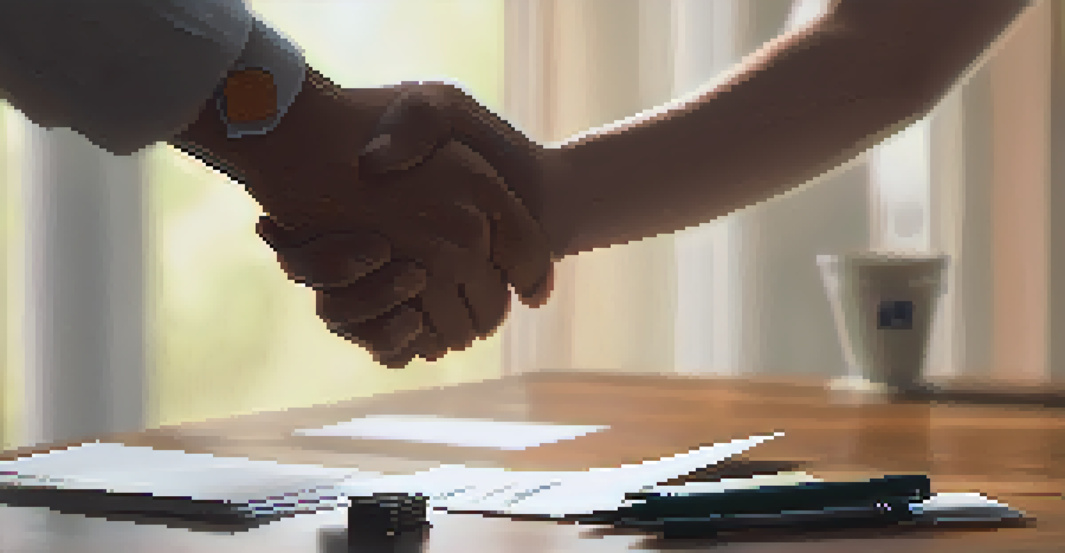 A close-up of a handshake over a wooden table, with business cards in the background.