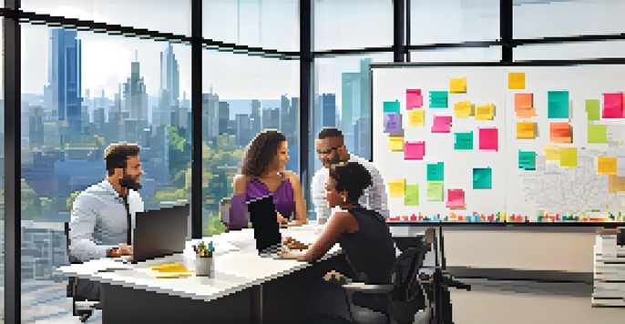 A bright and open office environment where a diverse group of professionals collaborates on ideas, surrounded by motivational quotes and a city view.