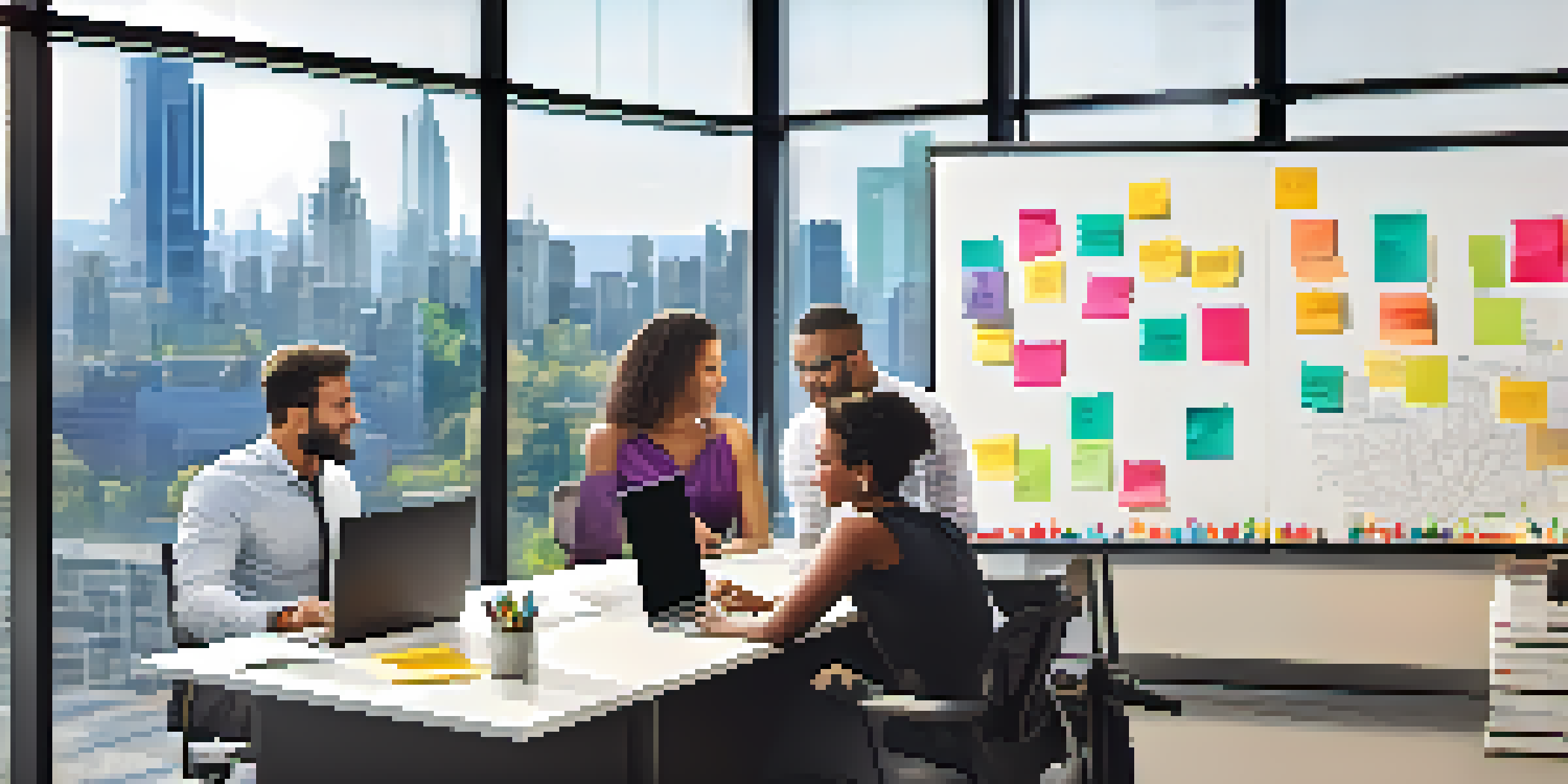 A bright and open office environment where a diverse group of professionals collaborates on ideas, surrounded by motivational quotes and a city view.