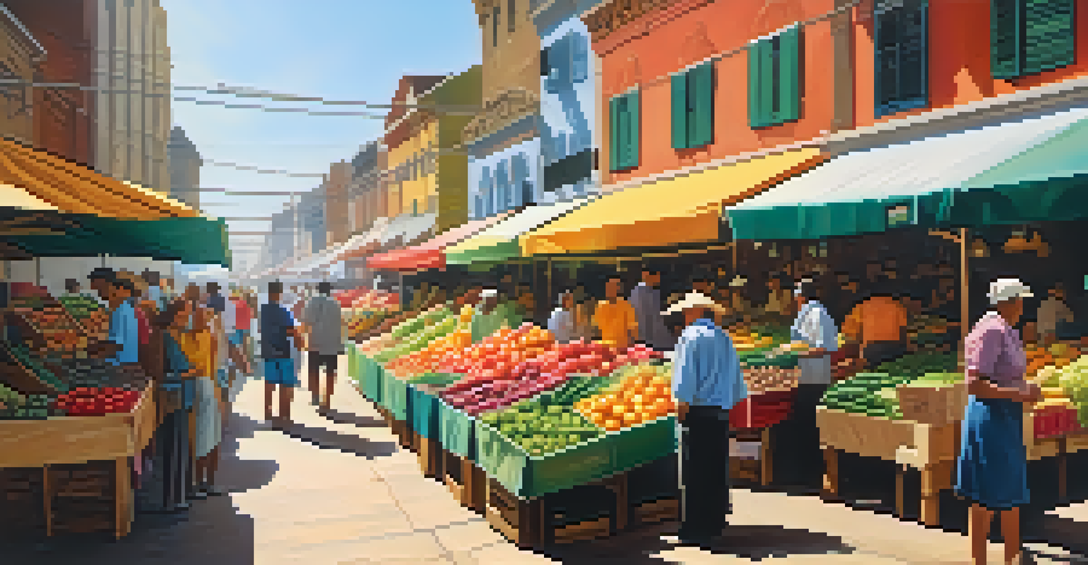 A bustling market with colorful stalls of fruits and vegetables, filled with shoppers and vendors in sunlight.