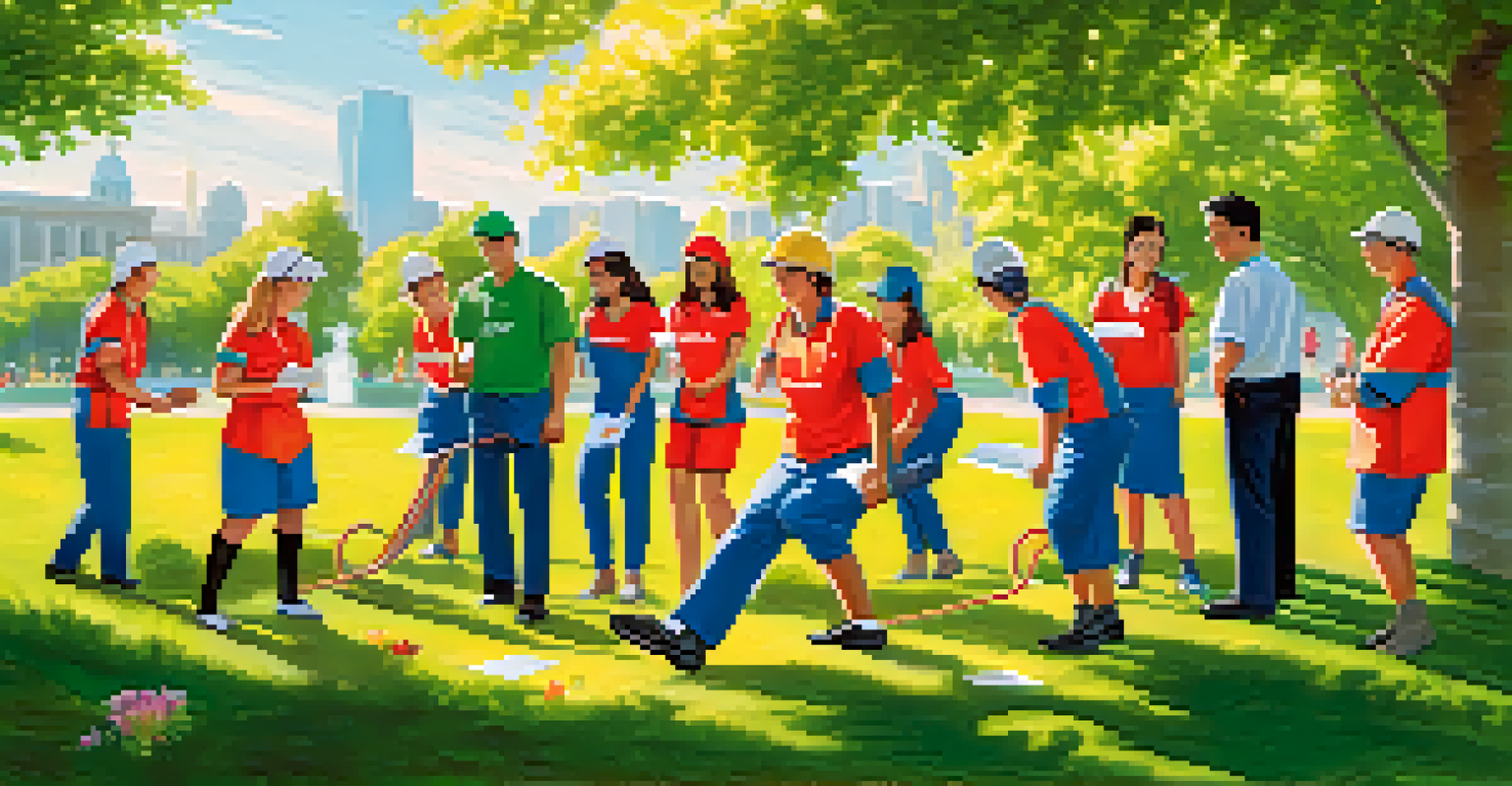 Employees participating in a team-building outdoor activity, working together on a problem-solving challenge in a park.