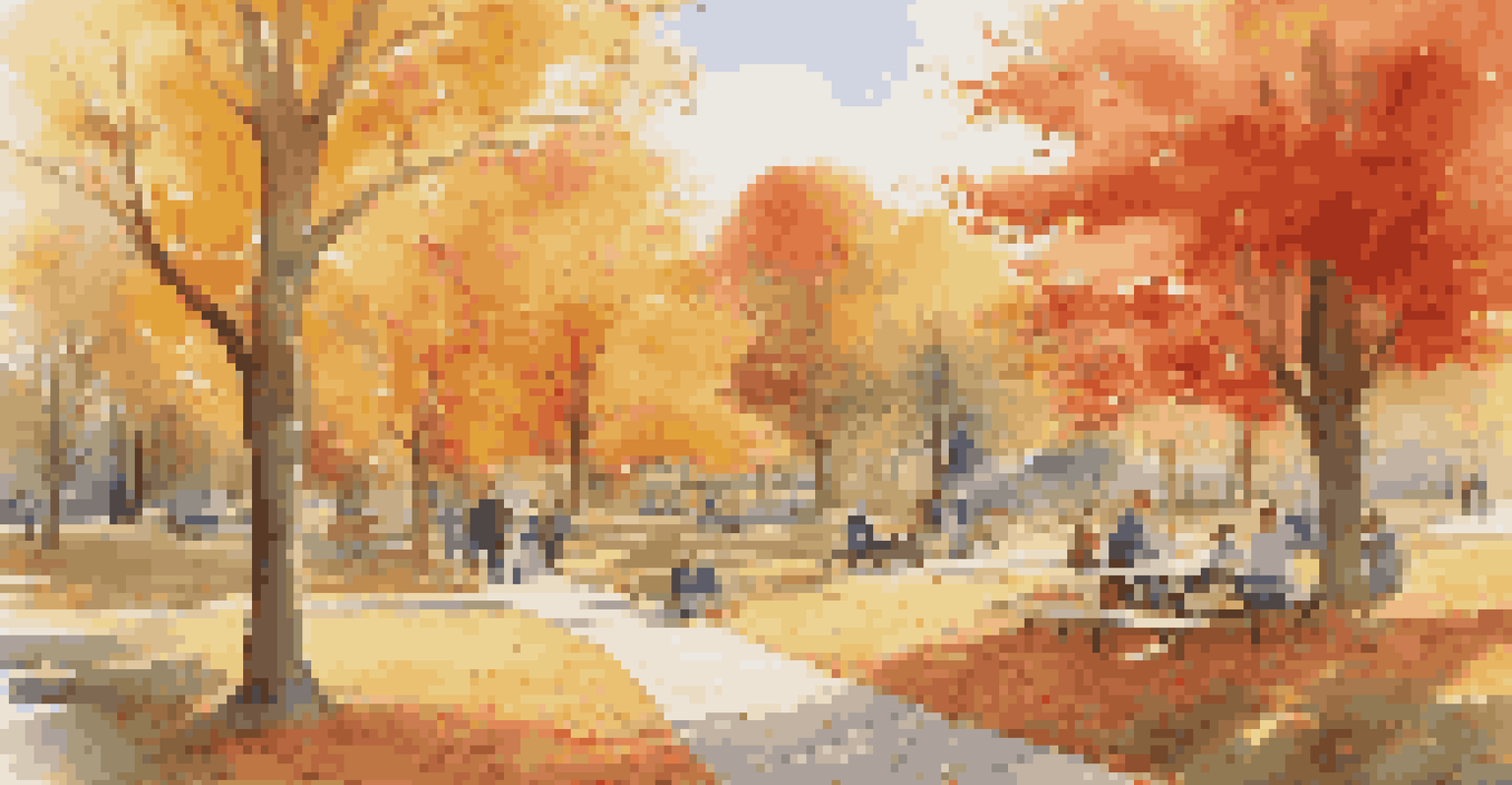 A picturesque autumn park with colorful leaves, families picnicking, and children playing on a sunny day.