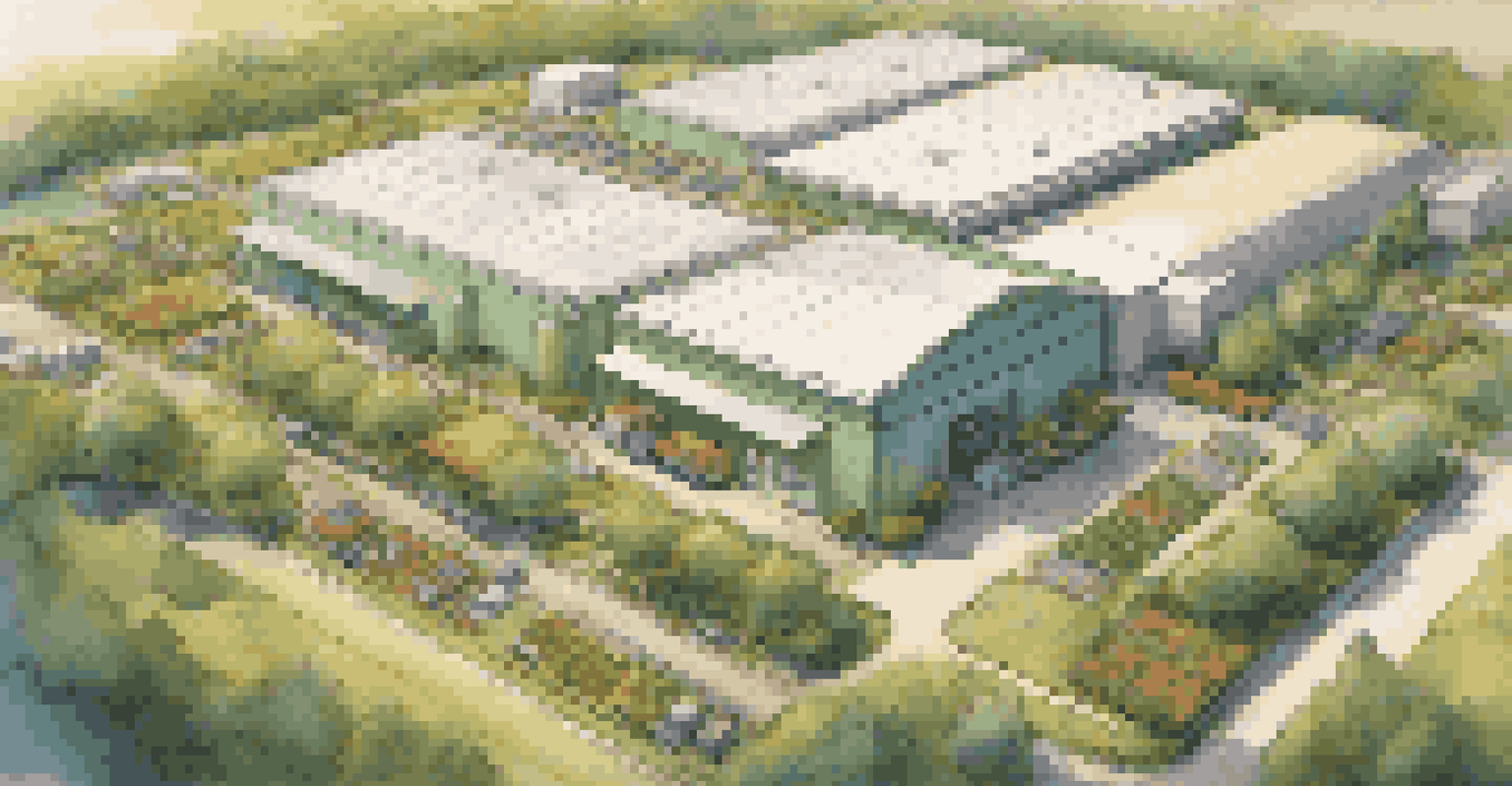 Aerial view of a sustainable distribution center with delivery trucks, solar panels, and green spaces, illuminated by warm sunlight.