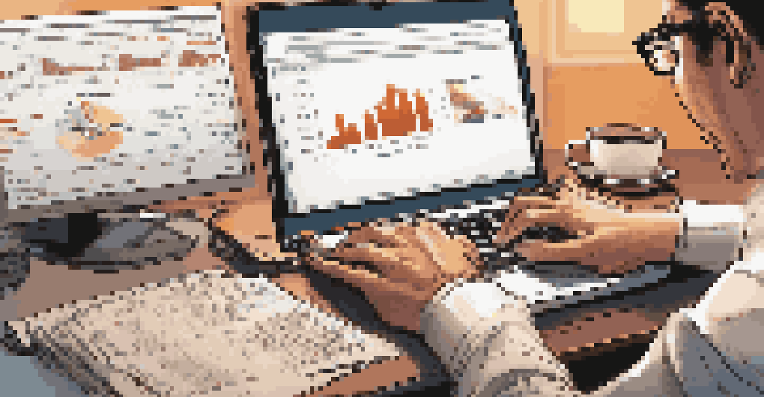 A close-up of a financial analyst's hands on a laptop, surrounded by reports and a cup of coffee, emphasizing financial analysis.