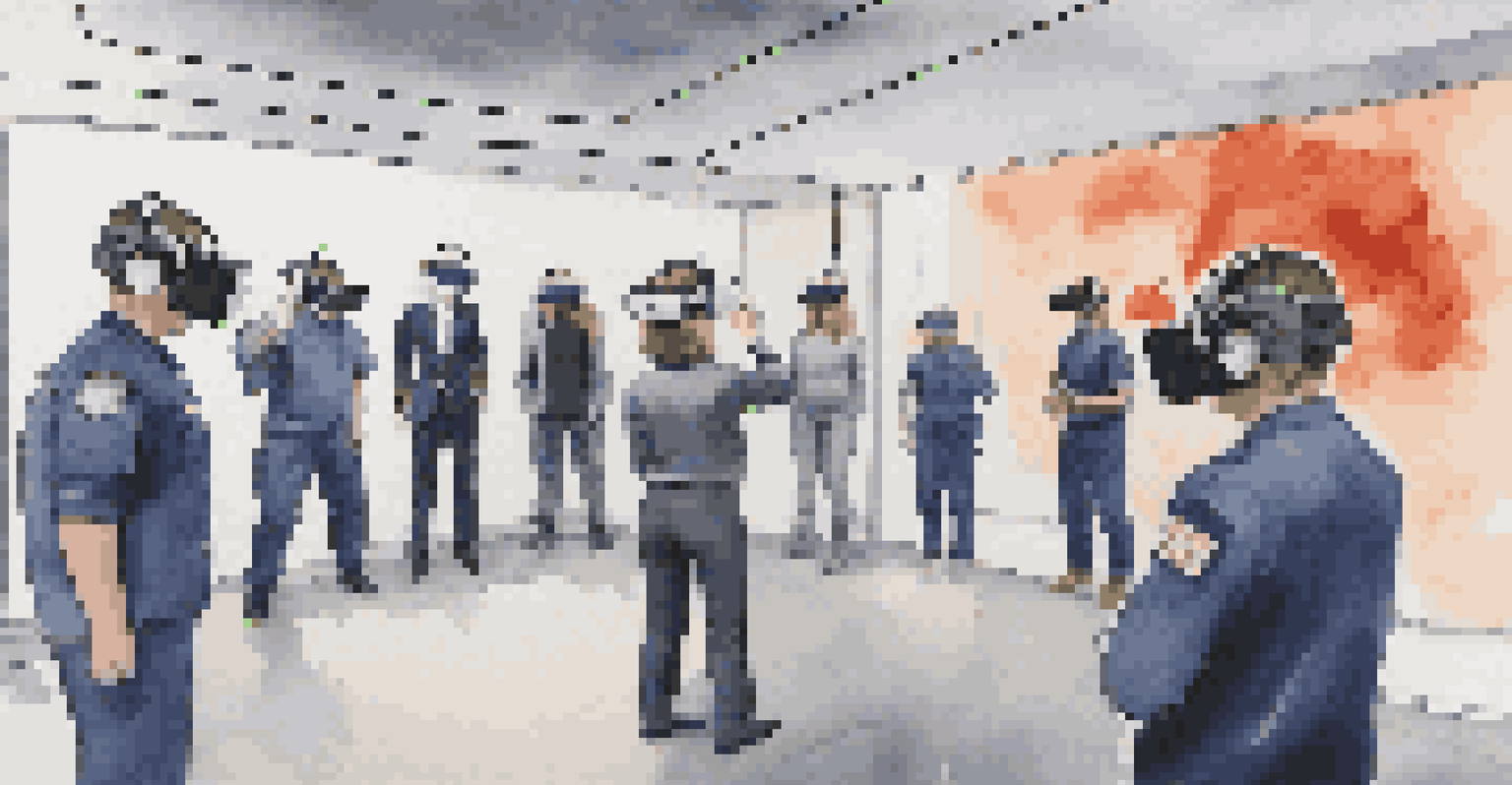 A group of individuals in a virtual reality training session for crisis management, wearing VR headsets and practicing emergency responses in a simulated environment.