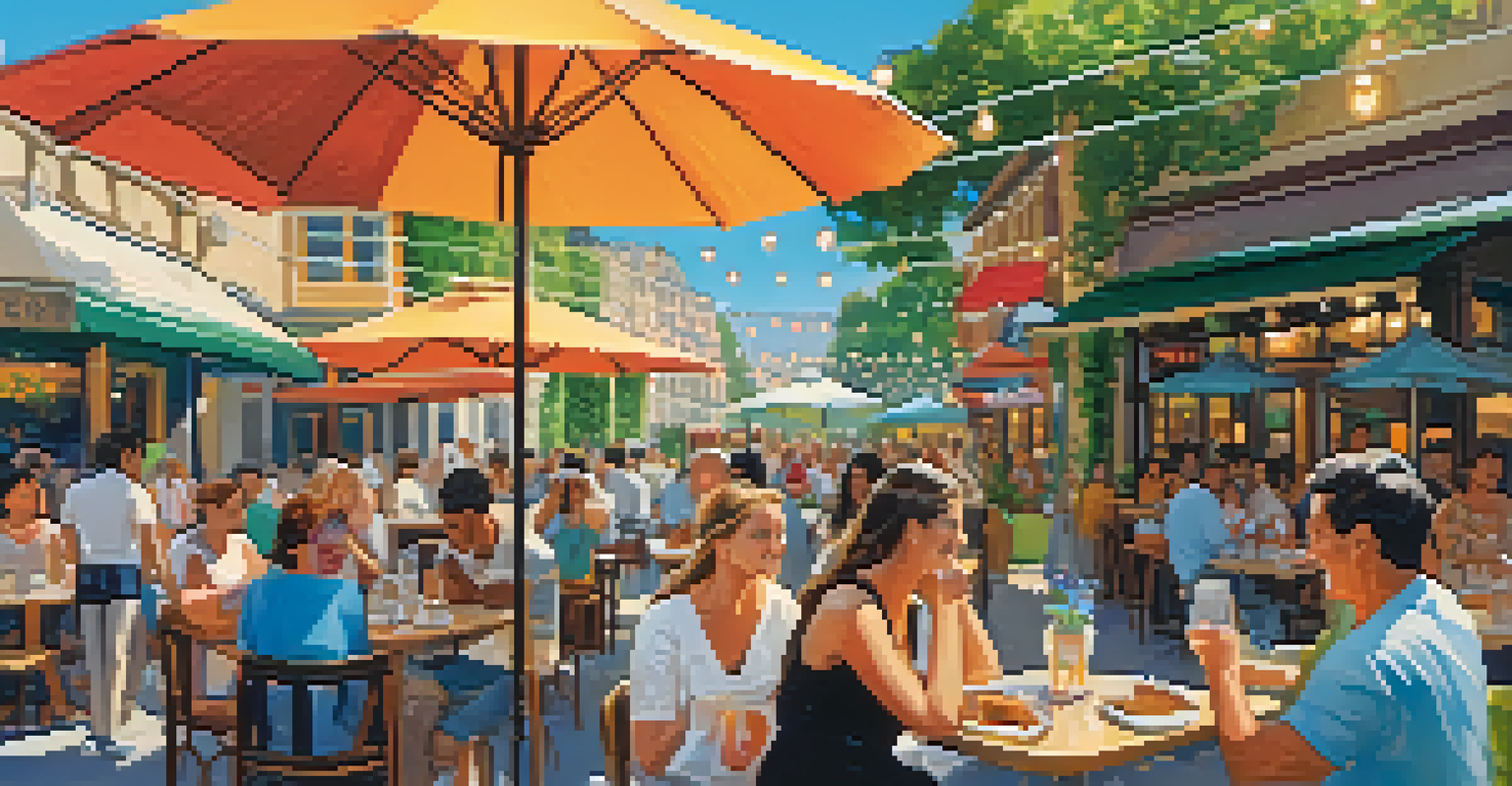A lively outdoor café with colorful umbrellas and customers enjoying their meals in a cheerful atmosphere.