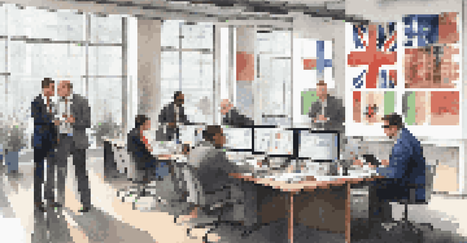 A diverse team of business professionals in an office discussing trade policy documents and digital graphs around a table.