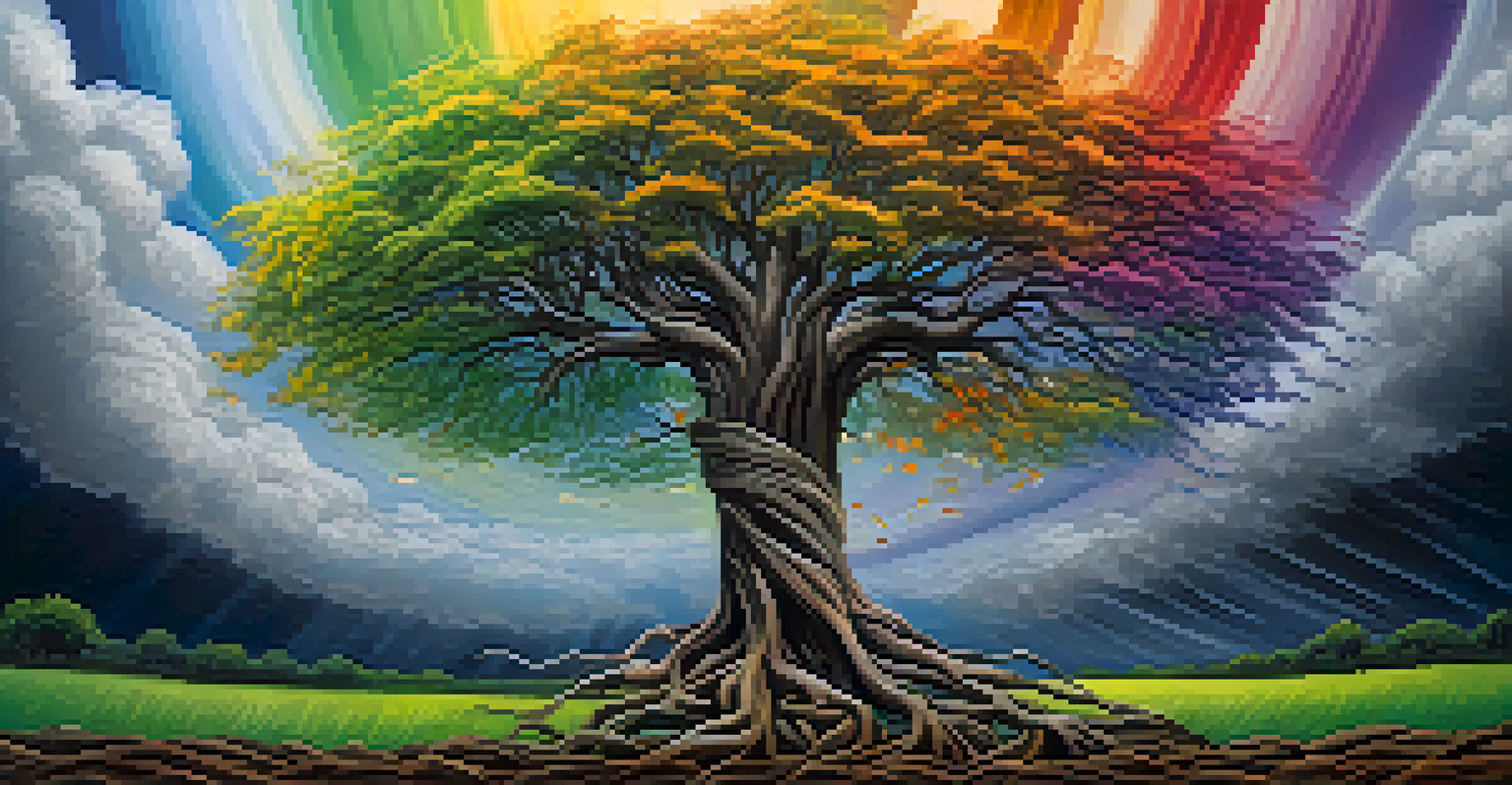 A resilient tree bending in the wind during a storm, surrounded by vibrant flowers and a distant rainbow.