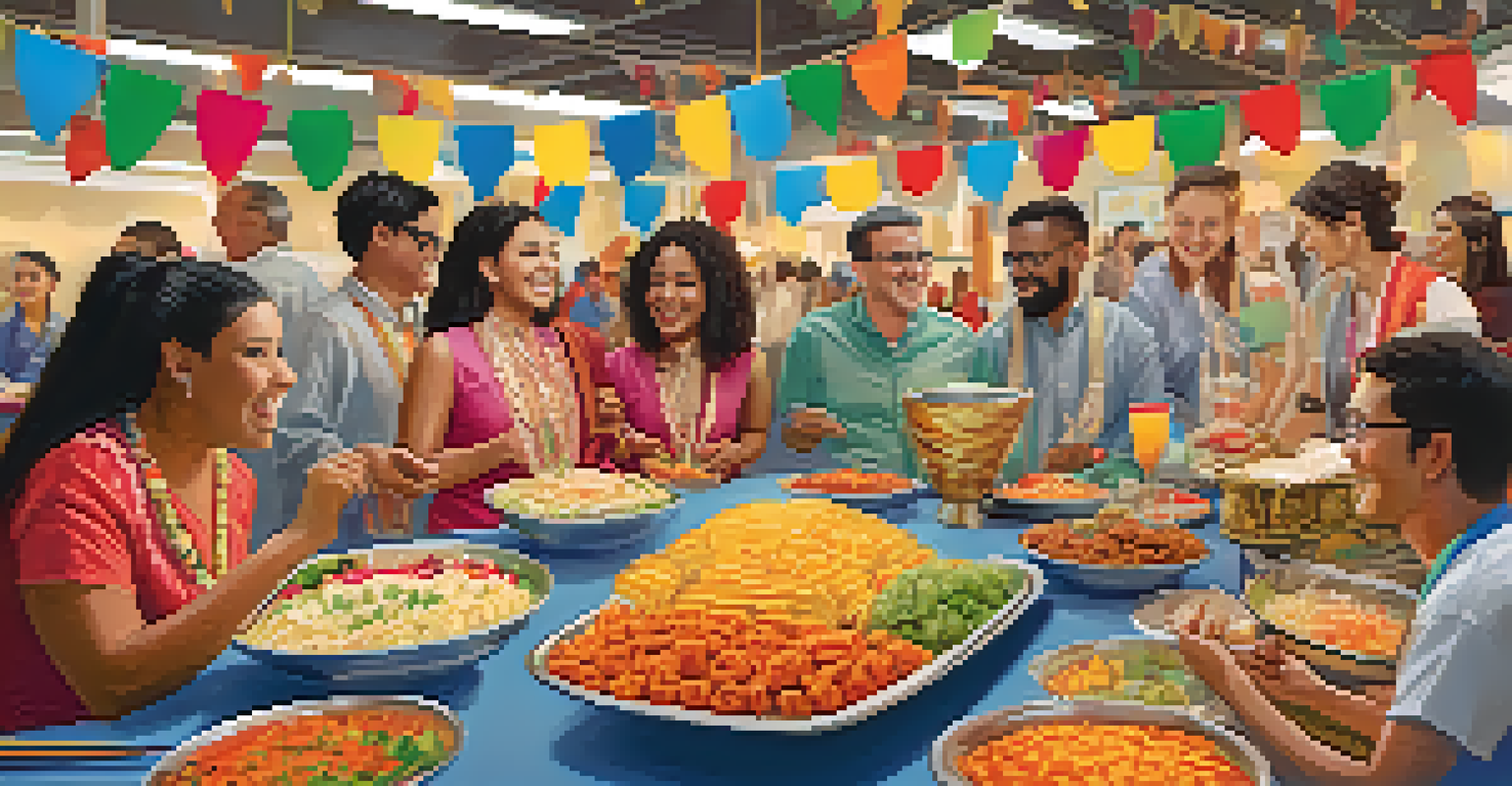 A workplace celebration of diversity with employees enjoying traditional foods and decorations, highlighting a sense of community.