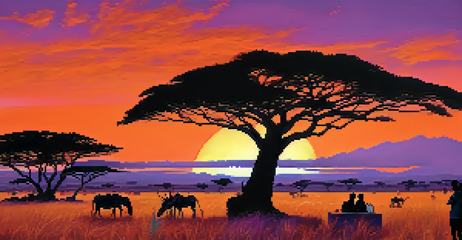 A stunning African landscape at sunset with acacia trees and young entrepreneurs discussing business ideas near wildlife.