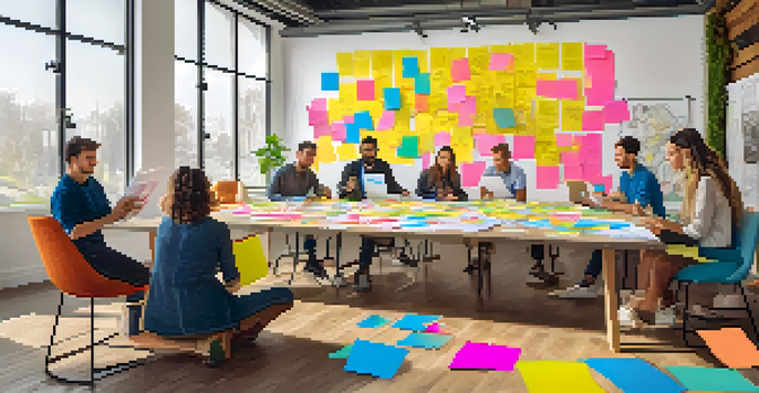 A team brainstorming creatively around a table, with colorful sticky notes and sketches, illustrating a collaborative and innovative workspace.