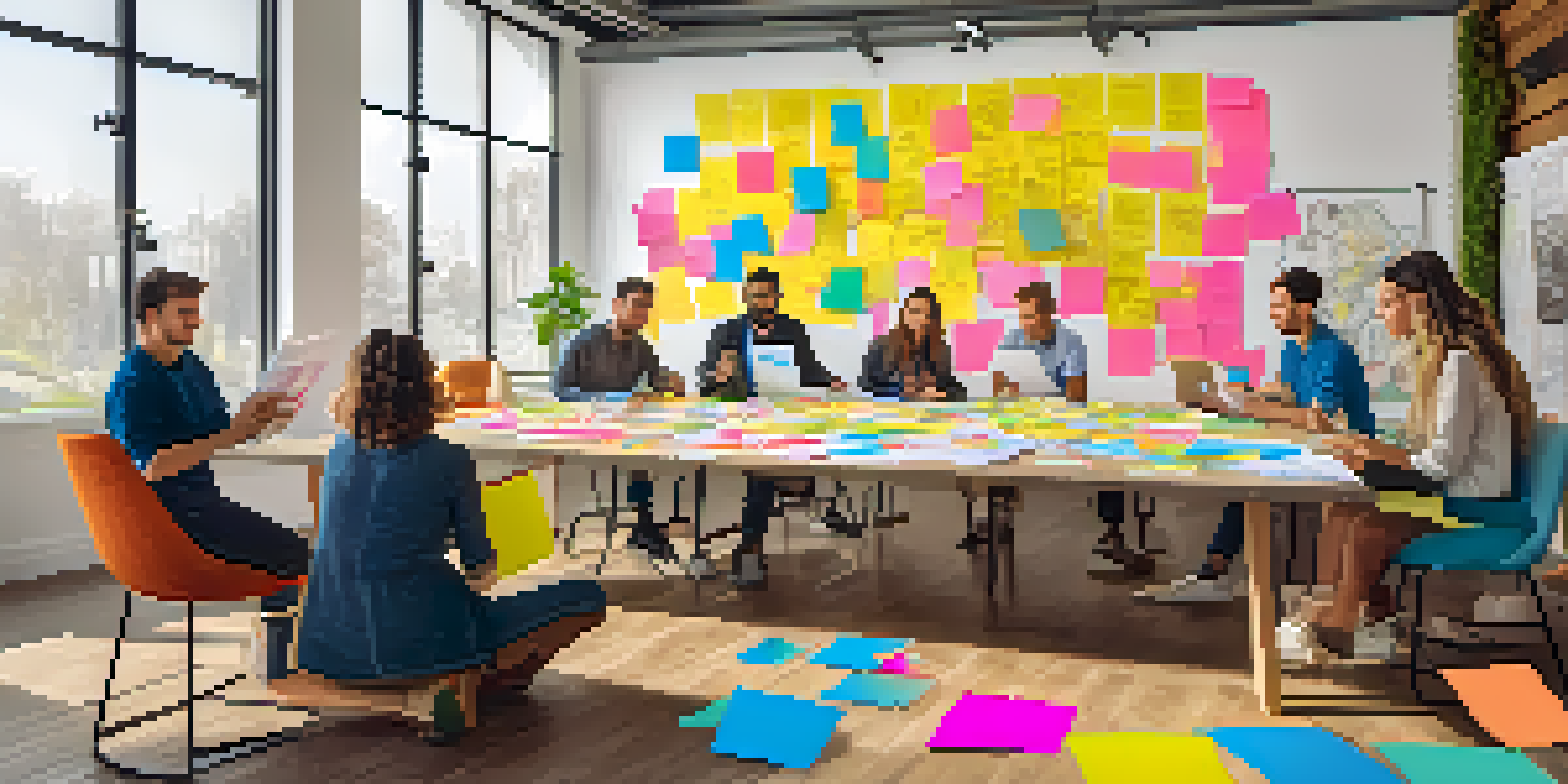 A team brainstorming creatively around a table, with colorful sticky notes and sketches, illustrating a collaborative and innovative workspace.
