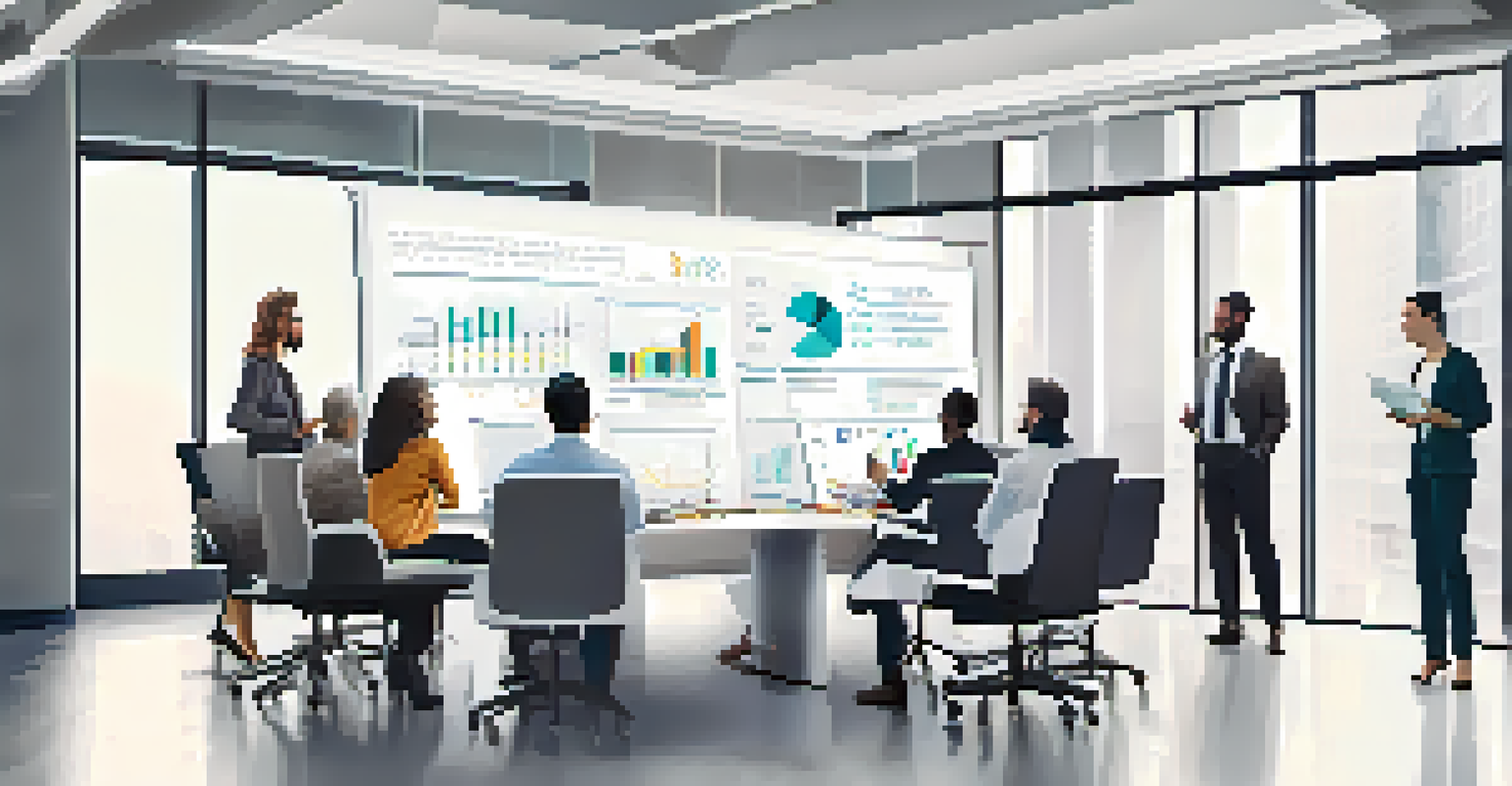 A team of professionals collaborating in a meeting, analyzing data on a screen with charts and notes.