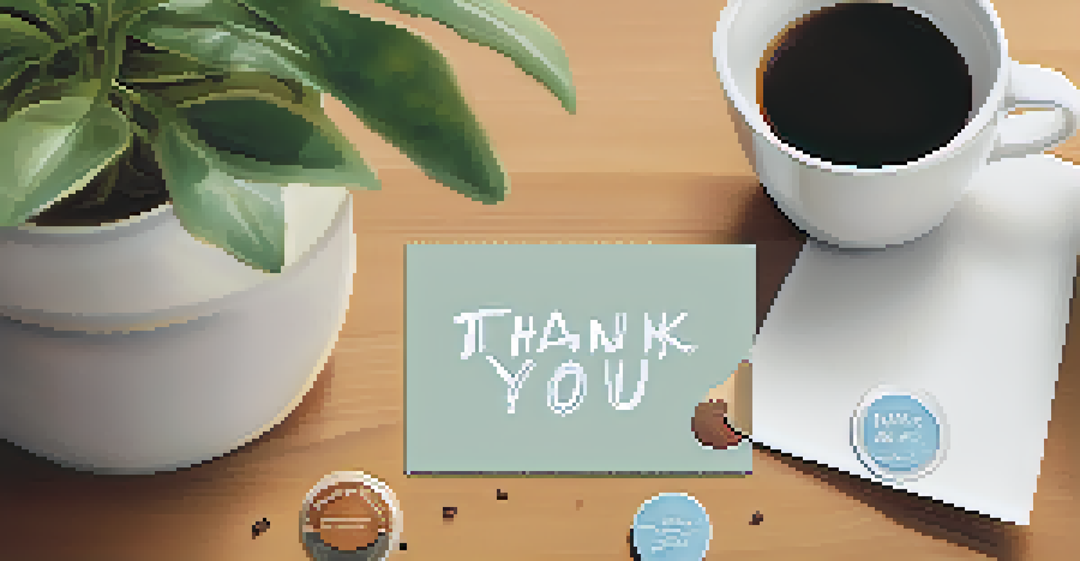 A hand holding a 'Thank You' card with tokens of appreciation like a coffee mug and a plant on a cozy desk.